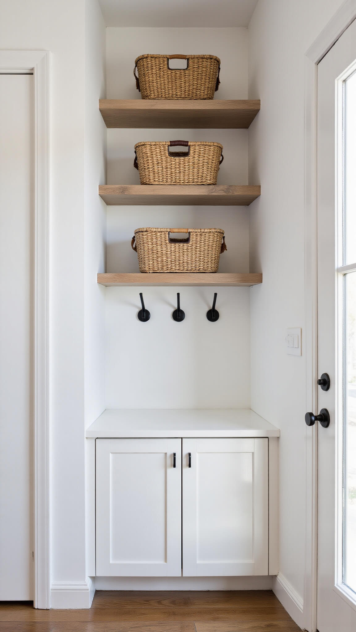 Corner entryway with white oak floating shelves, white IKEA TRONES cabinets, black metal hooks, and seagrass baskets, lit by soft afternoon light.