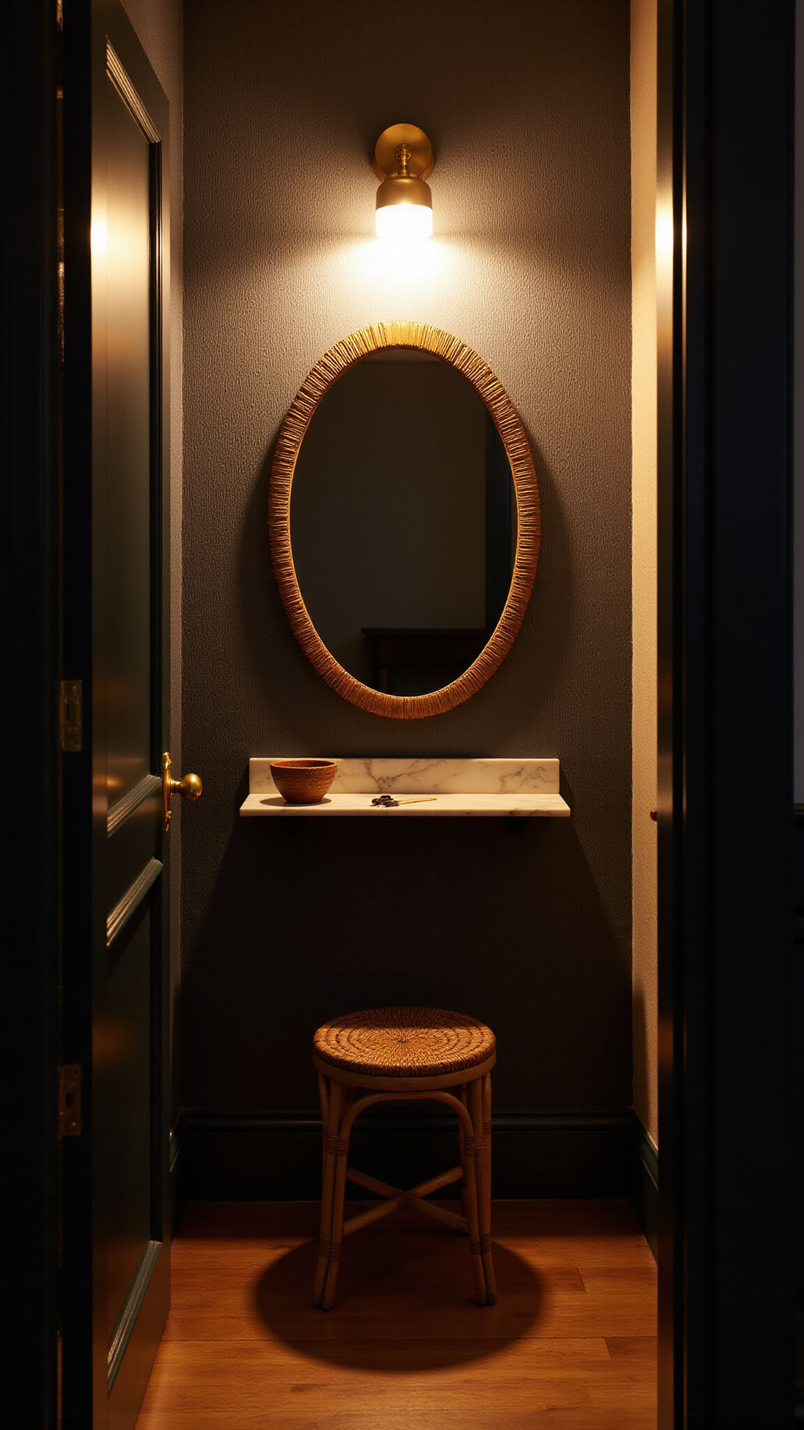 Low-angle view of a cozy apartment entrance with golden-hour lighting highlighting navy grasscloth wallpaper, brass sconce, vintage bamboo stool, sunburst mirror, and marble shelf with key dish.