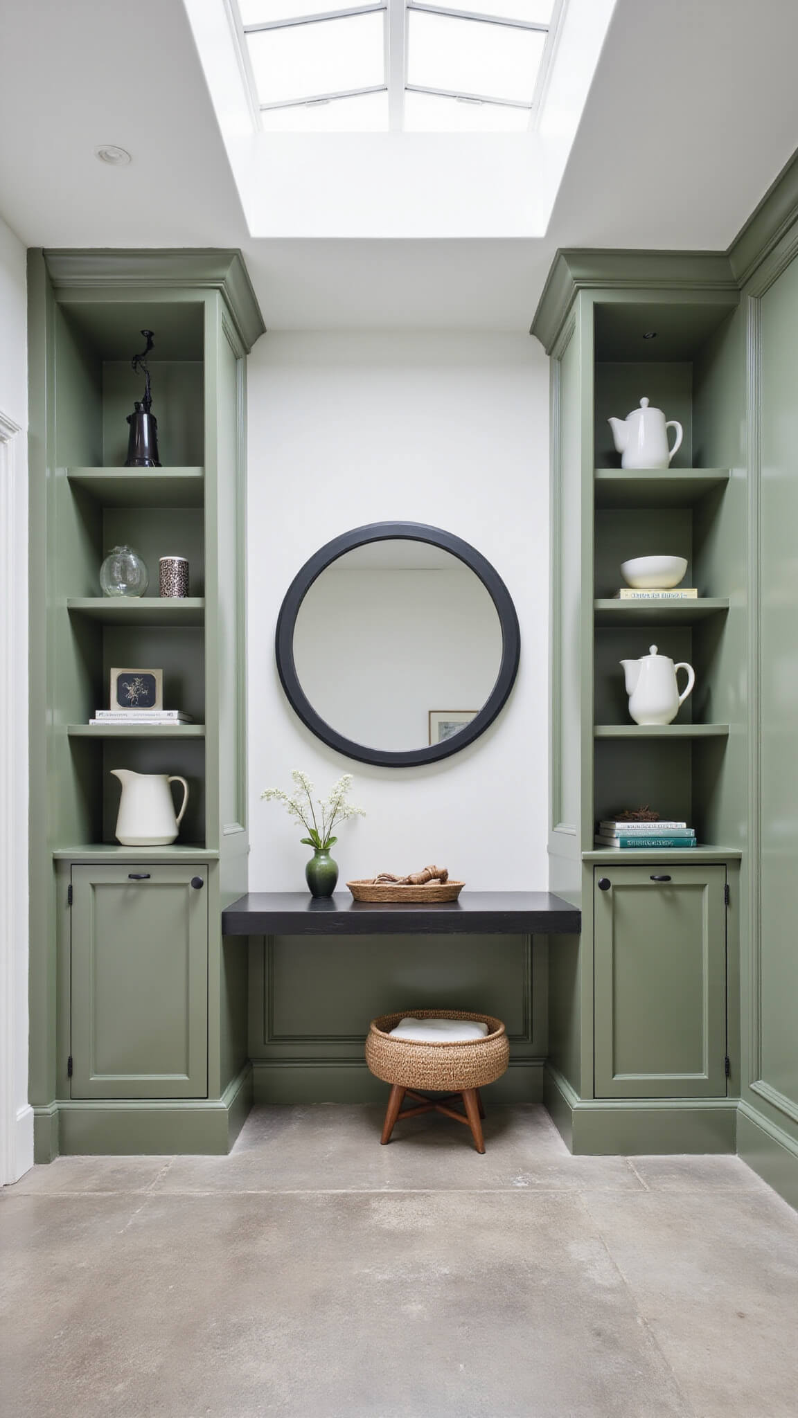 Modern 5x7ft entryway with sage green built-in storage, oversized black-framed round mirror, gray concrete-look tiles, and natural skylight.