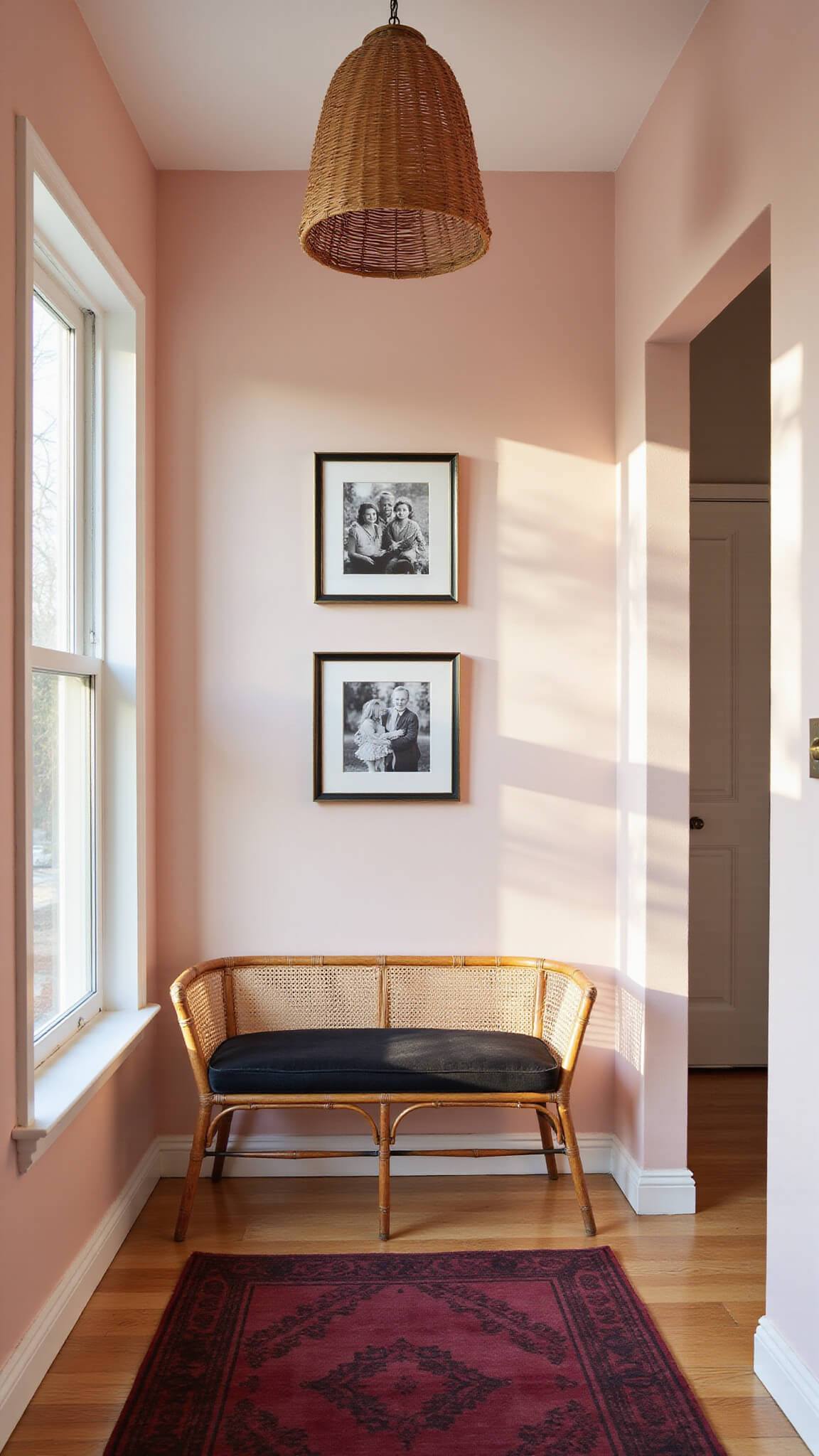 Cozy 4x4 entryway nook with rattan pendant, cane bench, blush pink walls, brass-framed black and white photos, and burgundy vintage rug.