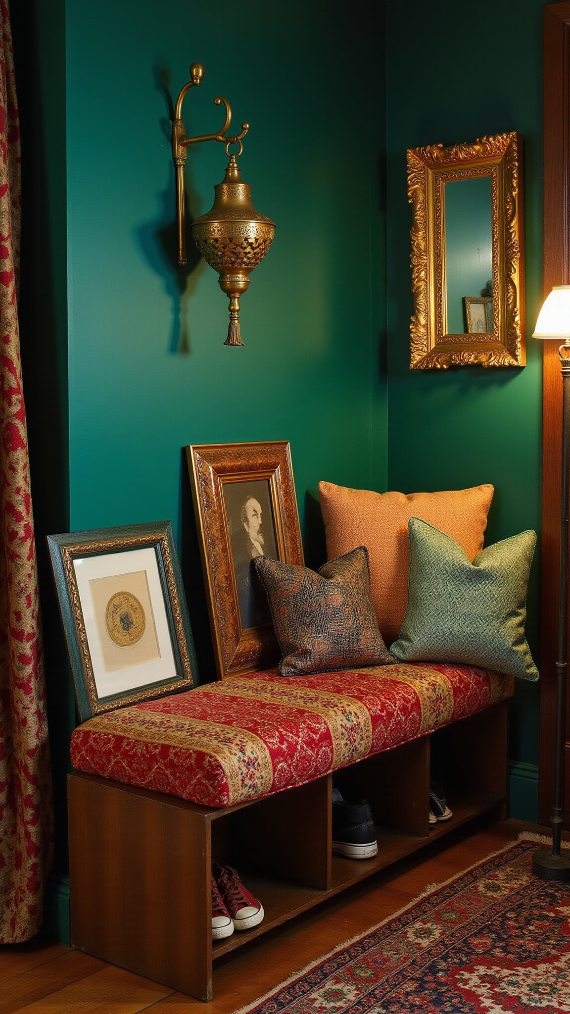 Eclectic bohemian entryway with emerald green wall, vintage brass coat rack, kilim cushions on wooden bench, Moroccan pendant casting patterned shadows, and layered vintage art frames.