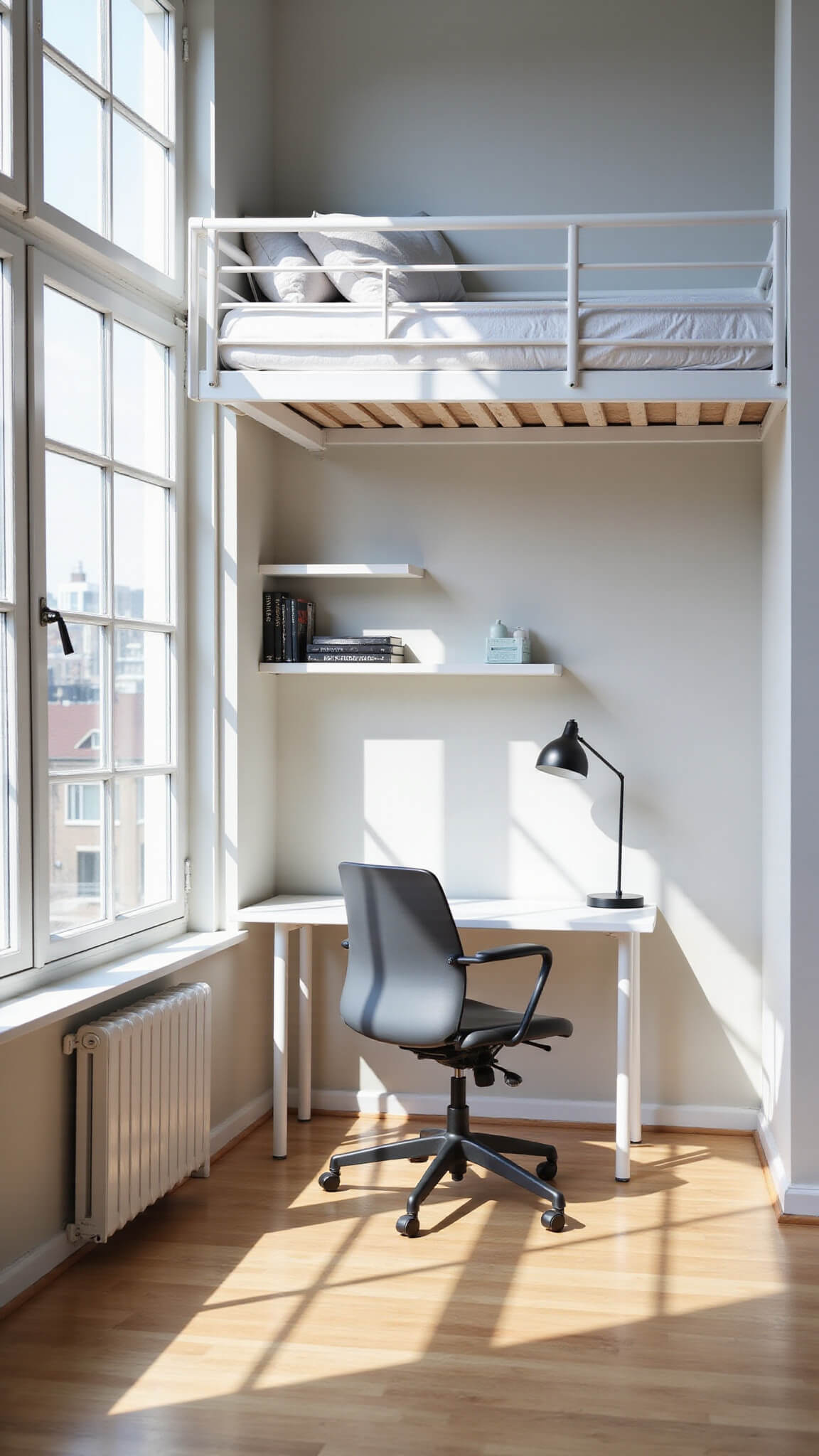 Modern sunlit studio apartment with loft bed, home office below, and floor-to-ceiling windows casting geometric shadows.