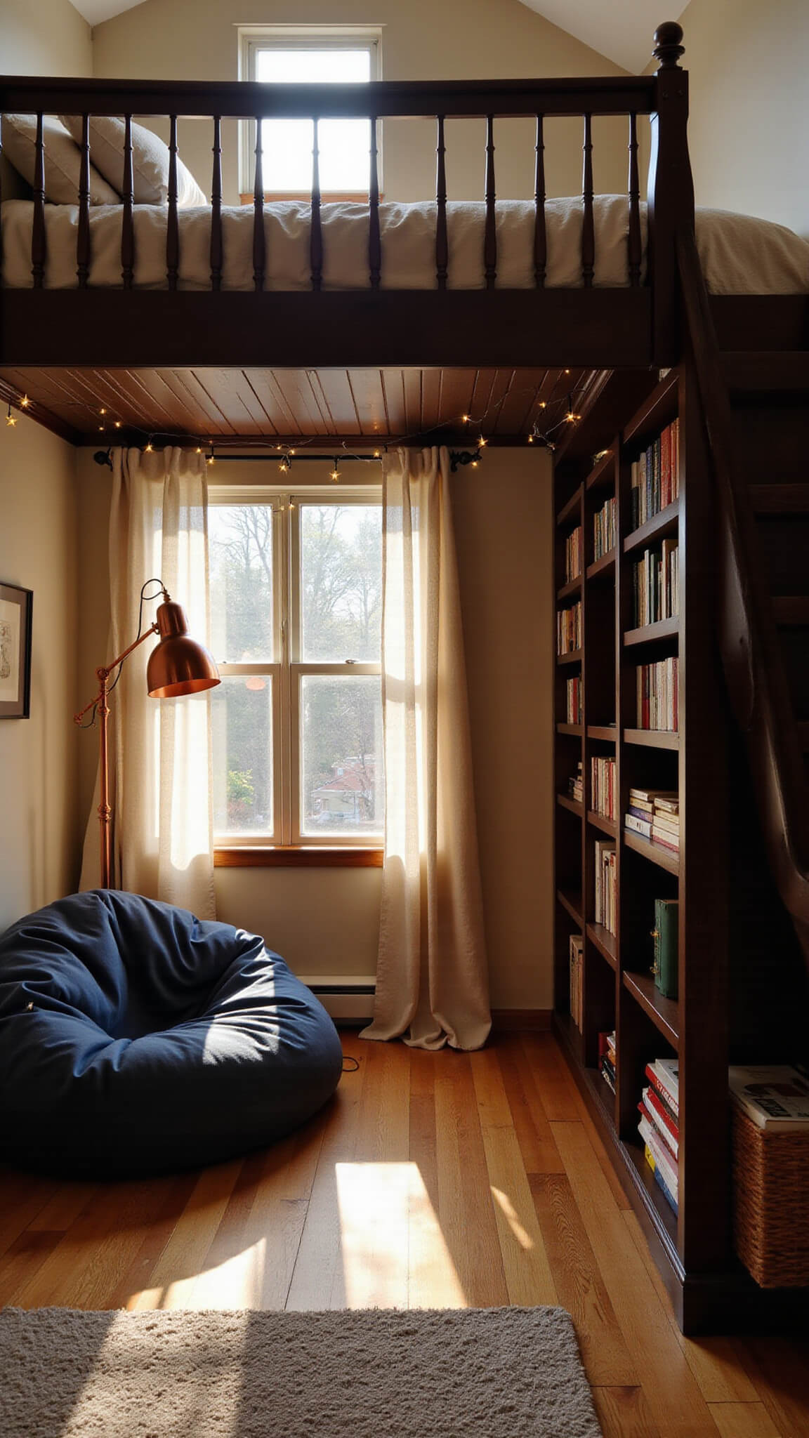 Low-angle view of a cozy student bedroom with vaulted ceiling, loft bed with bookshelf stairs, reading nook with navy bean bag, copper lamp, string lights, and golden hour lighting.