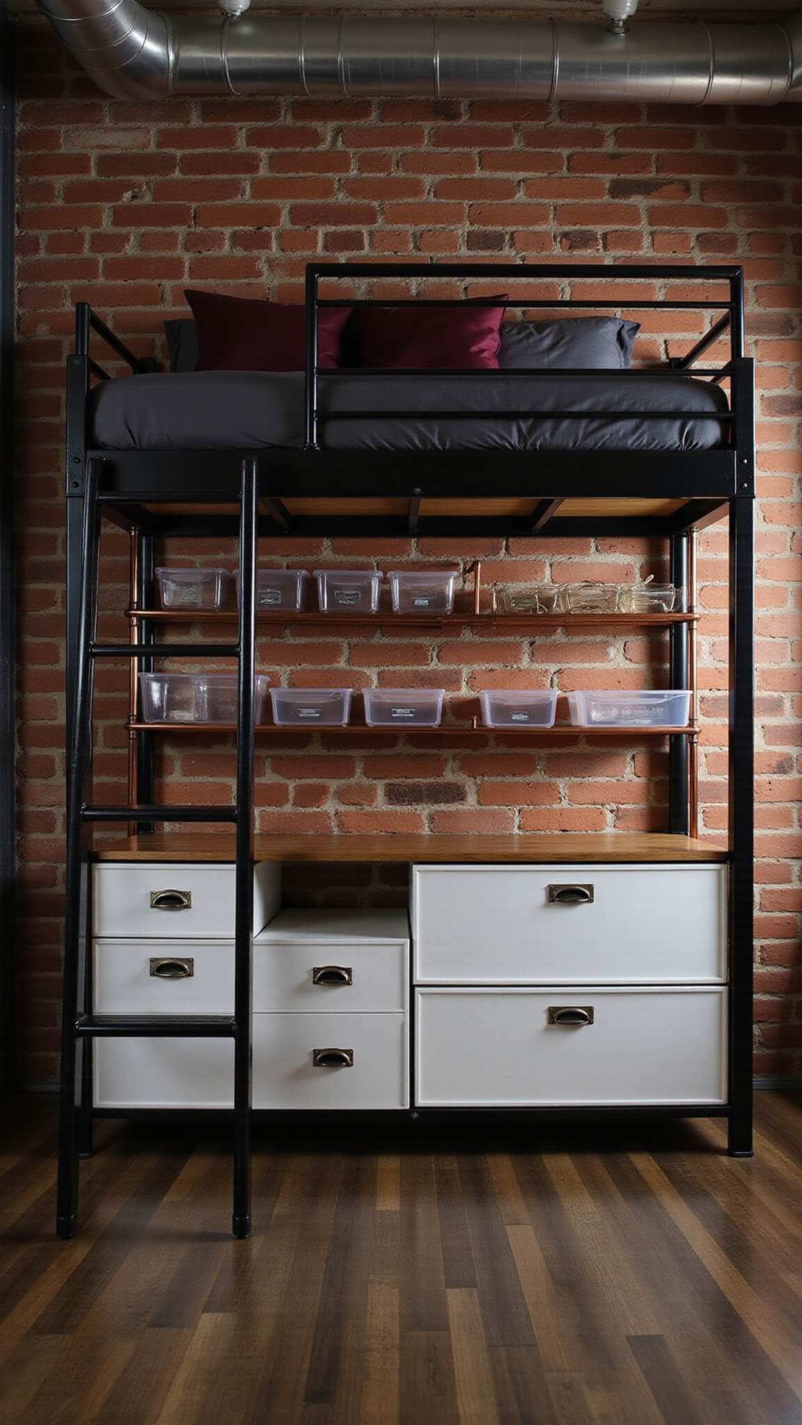 Moody urban bedroom with black steel loft bed, exposed brick wall, organized storage beneath, and dramatic dusk lighting highlighting textures and metallic finishes.