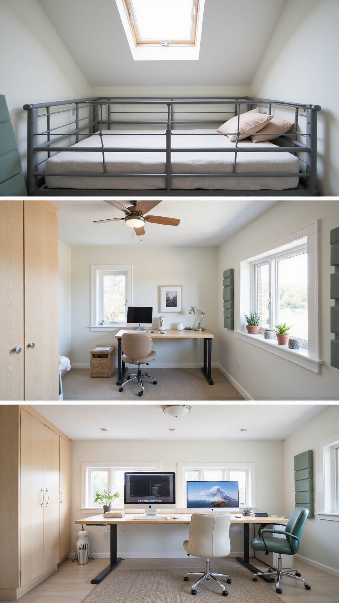 High-angle view of compact 11x13ft professional workspace with gray metal loft bed, ergonomic standing desk, sage green acoustic panels, and Scandinavian white and wood decor.