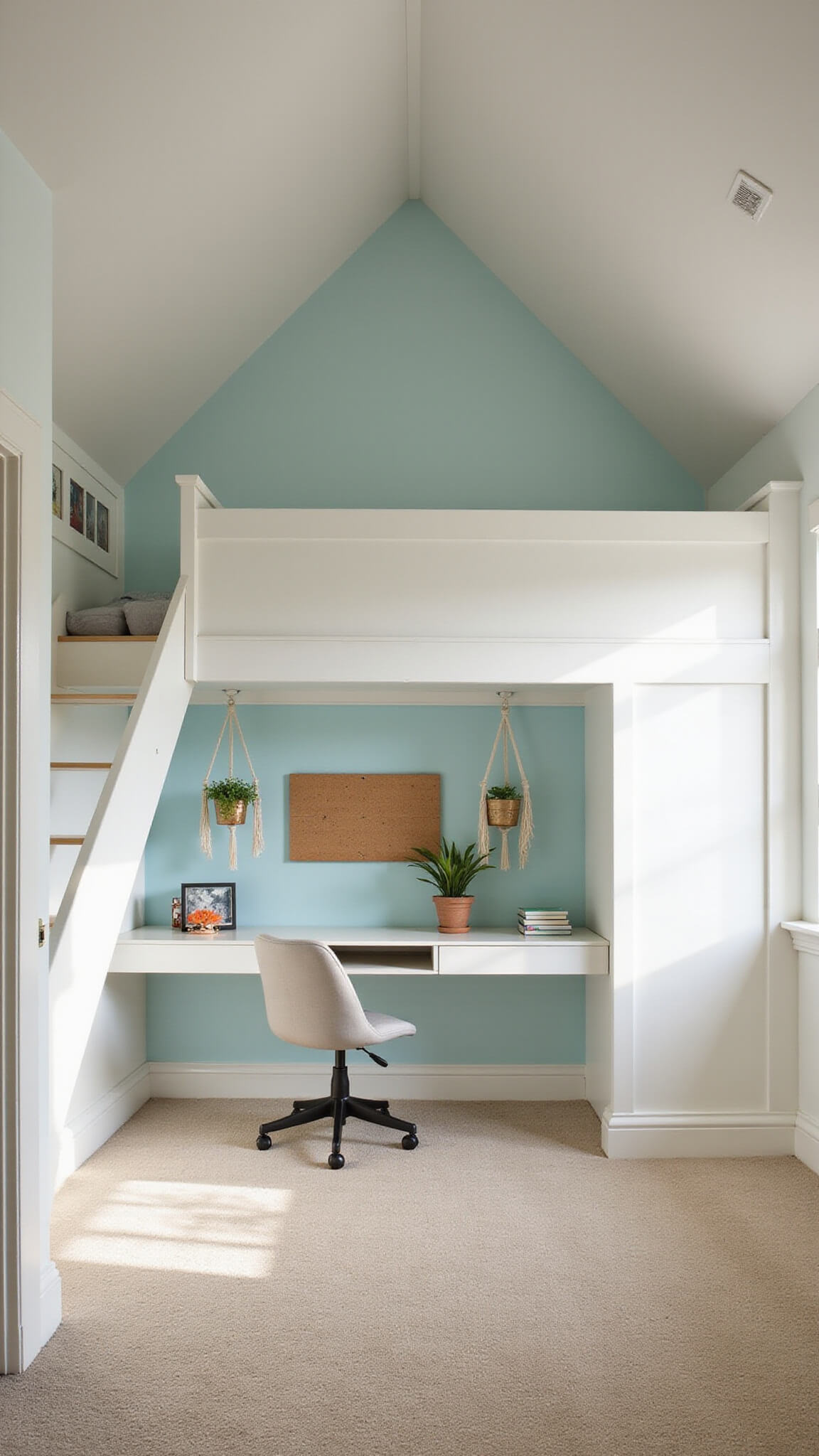 Teen bedroom with loft bed, pastel blue study area, macramé plant hangers, and natural afternoon light.
