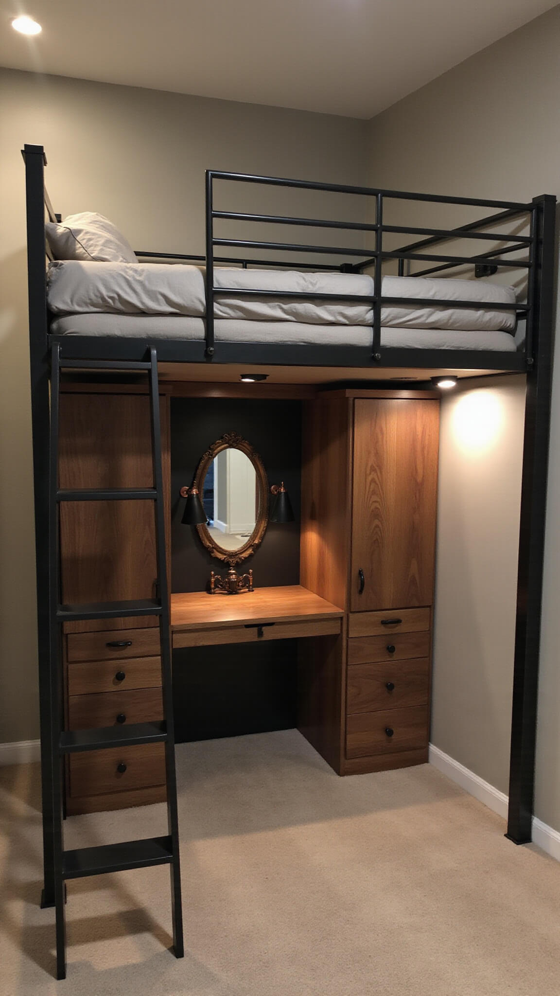 Modern guest room with black metal loft bed, walnut Murphy desk below, gray linens above, and layered evening lighting.