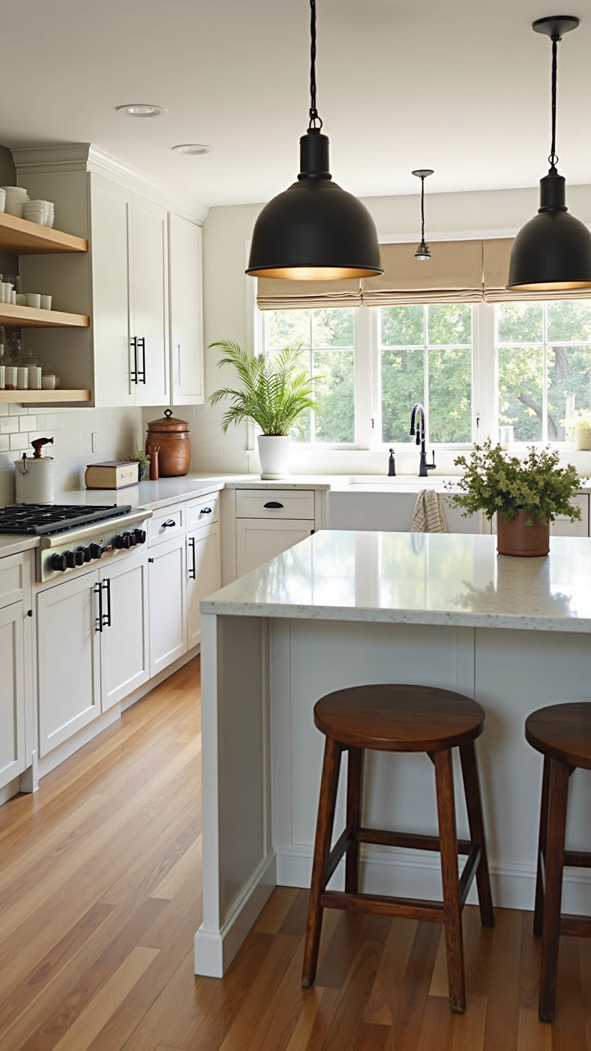 Modern farmhouse kitchen with white shaker cabinets, black hardware, quartz island, farmhouse sink, and natural light highlighting rustic and industrial accents.