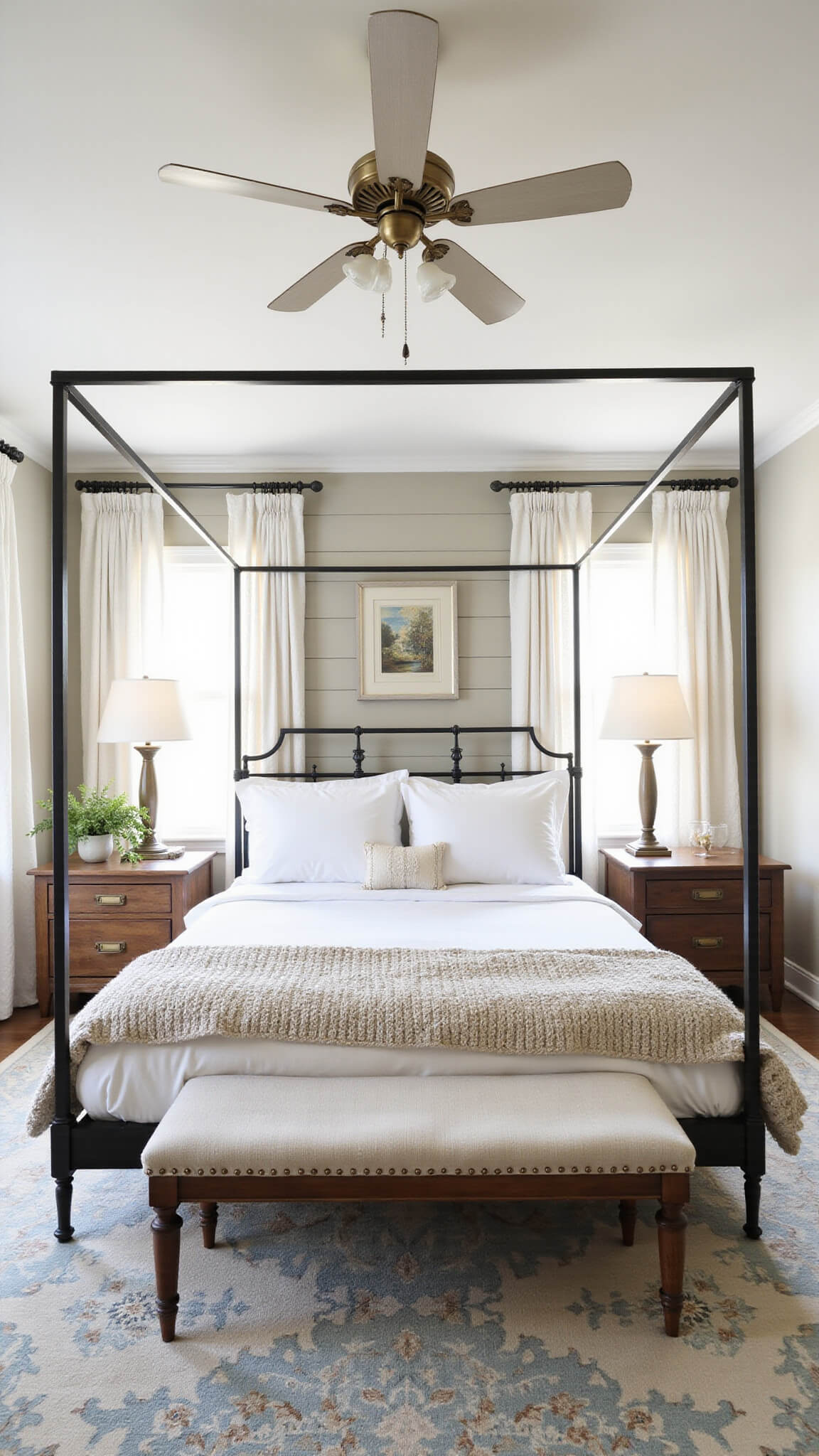 Cozy master bedroom with iron canopy bed, white linens, vintage nightstands, and soft morning light through gauzy curtains.