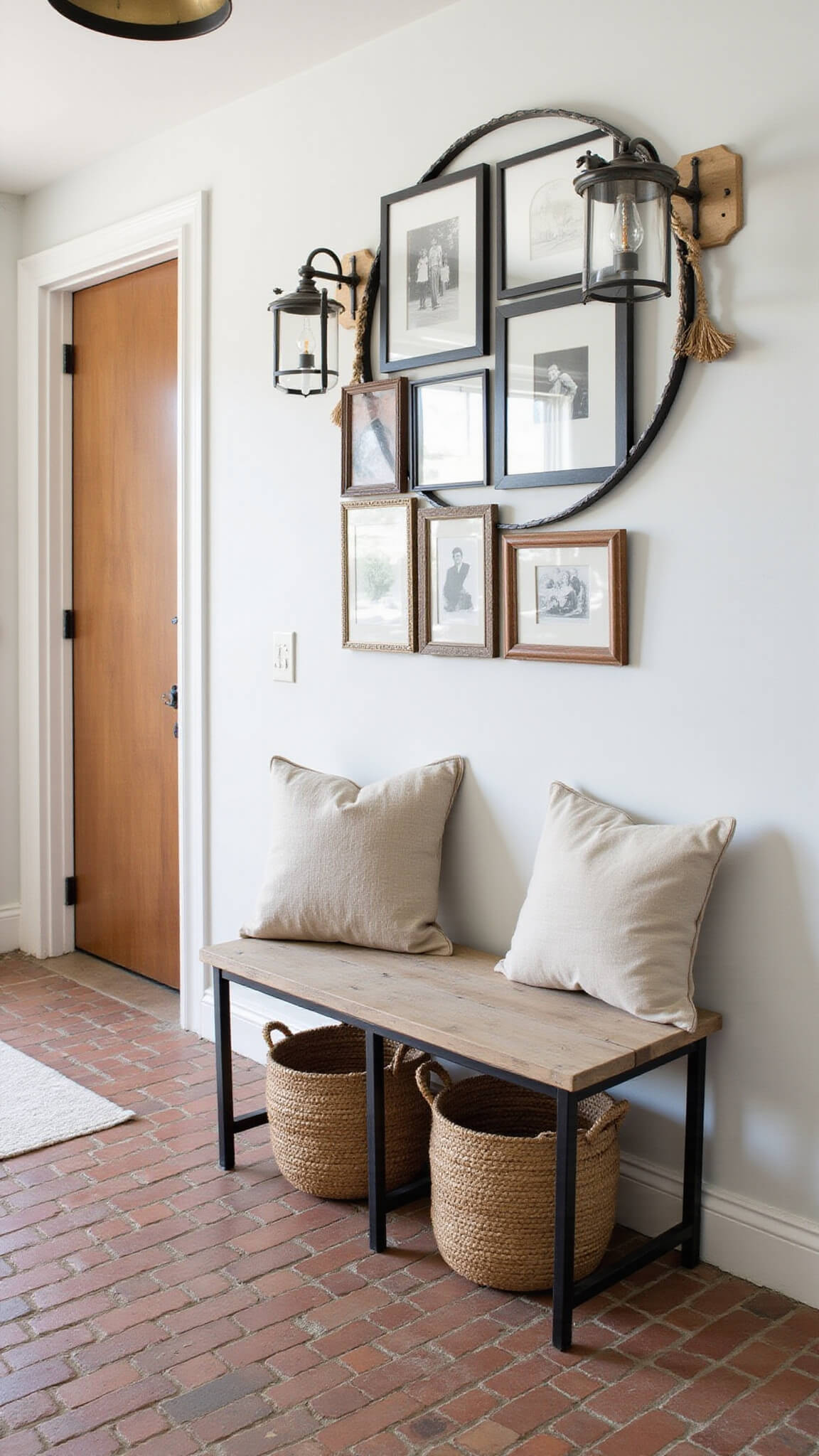 Entryway with reclaimed brick herringbone floor, antique church bench, black and white gallery wall, large round mirror, and industrial pendant light.
