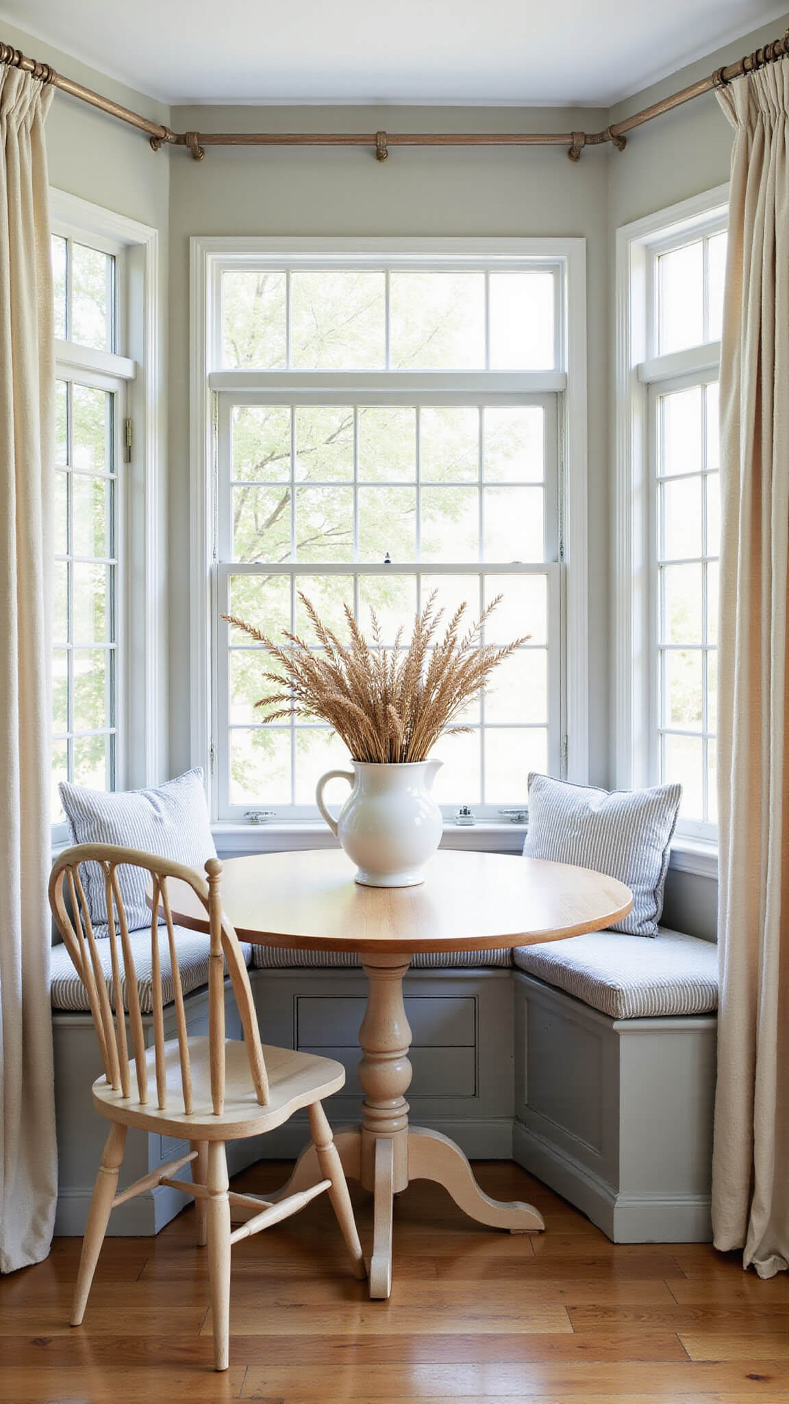 Cozy 10x12ft breakfast nook with built-in dove gray window seat, striped cushions, round oak pedestal table, vintage Windsor chairs, and dried wheat centerpiece.