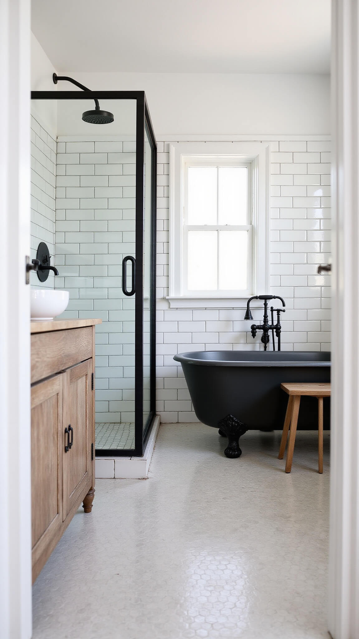 Modern farmhouse bathroom with clawfoot tub, glass shower, floating oak vanity, and black fixtures.