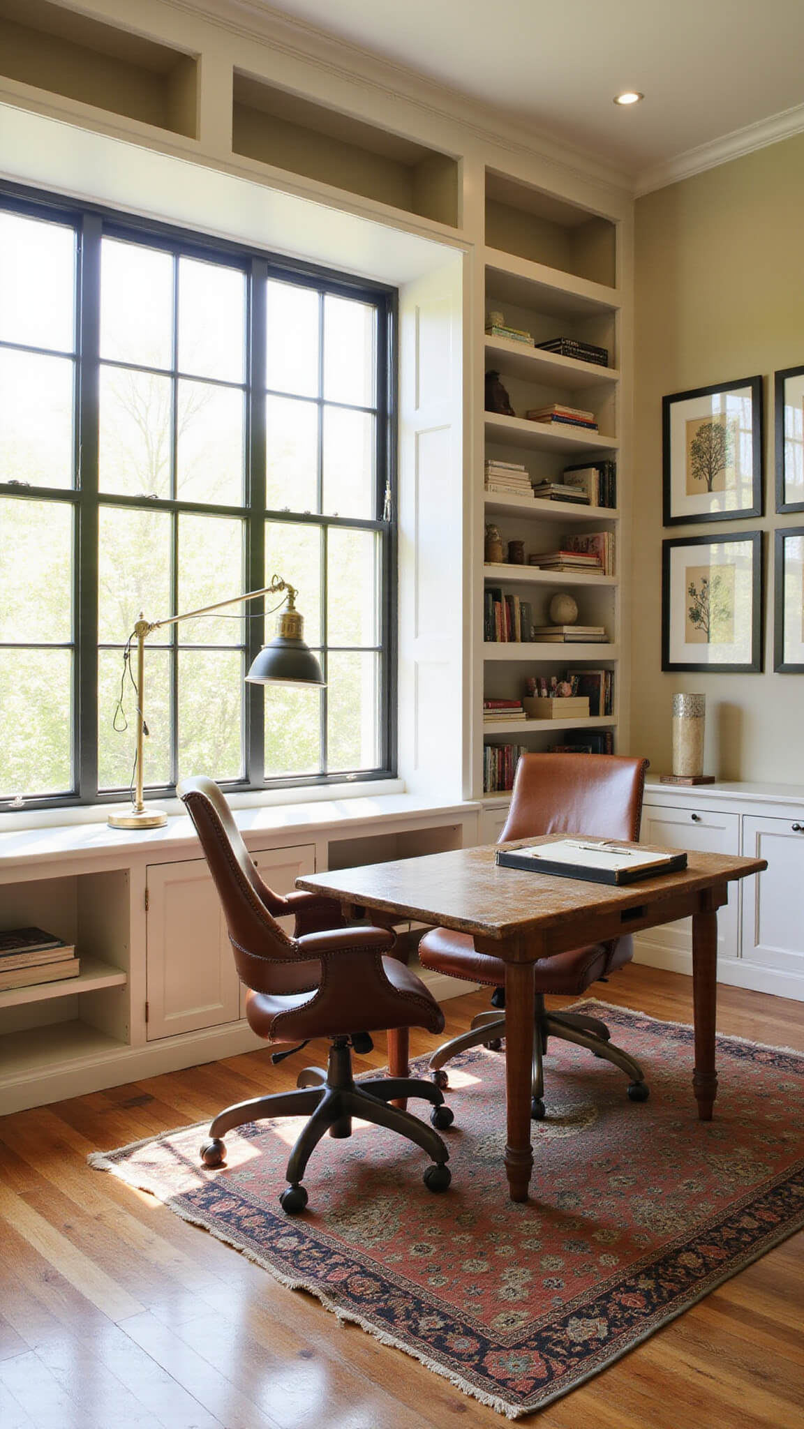 Farmhouse-style home office with built-in white bookshelves, rustic wood desk, leather chair, kilim rug, and golden light streaming through window.