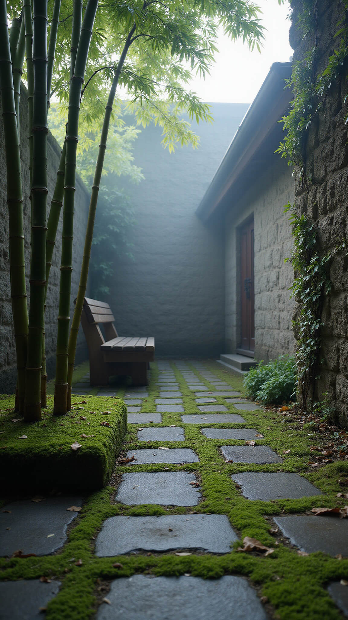 Low-angle view of a misty Wabi Sabi garden courtyard at dawn with mossy stone path, bamboo, weathered bench, and foggy depth.