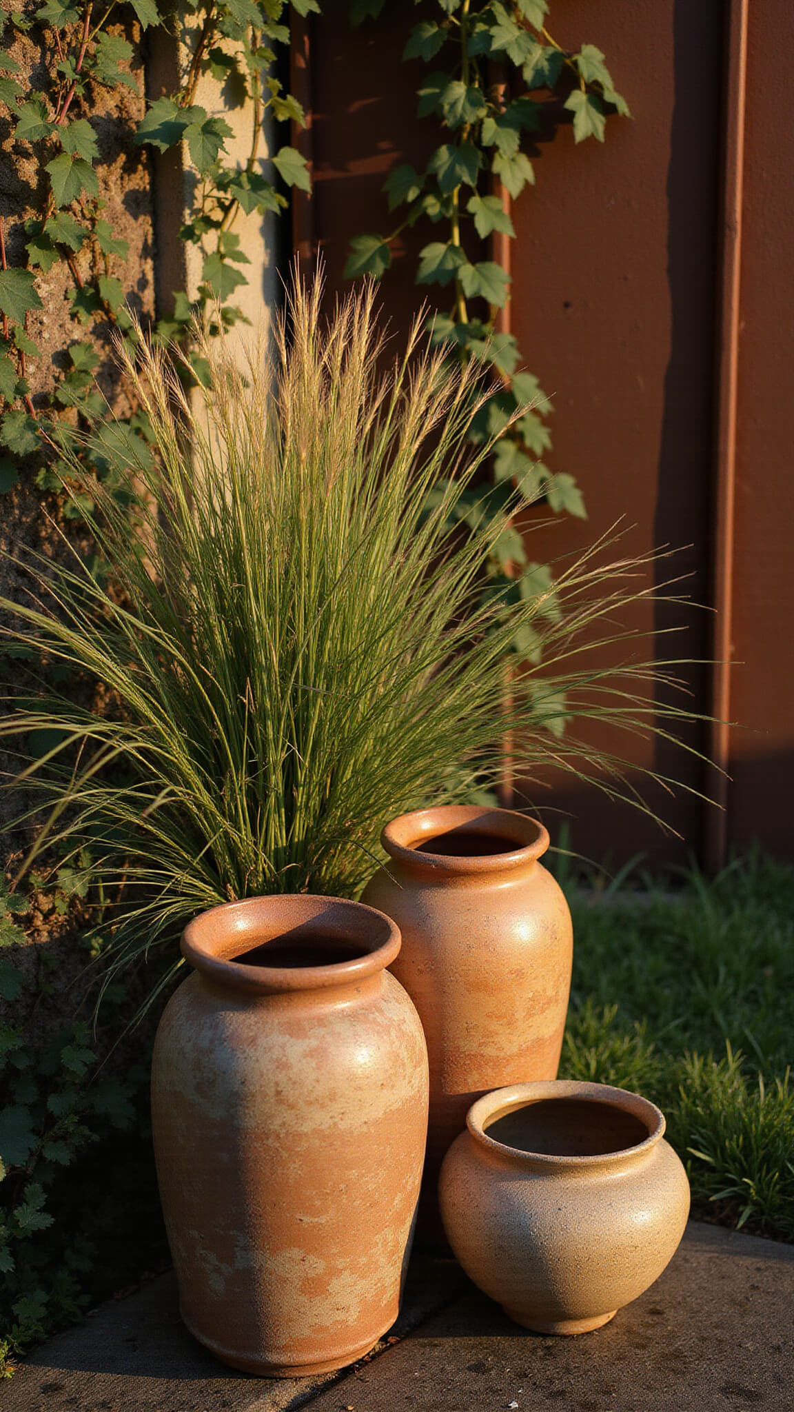 Close-up of aged ceramic pots with cascading grasses in golden hour light, set against a rusted metal screen with climbing jasmine.