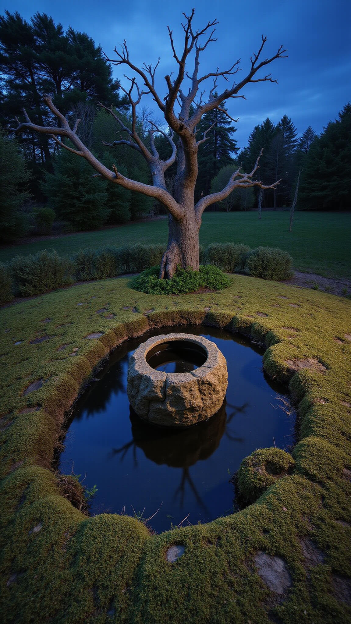 Twilight view of a serene Wabi Sabi garden with a stone water basin reflecting the evening sky, surrounded by moss and twisted branches, captured from above with cool tones and soft lighting.