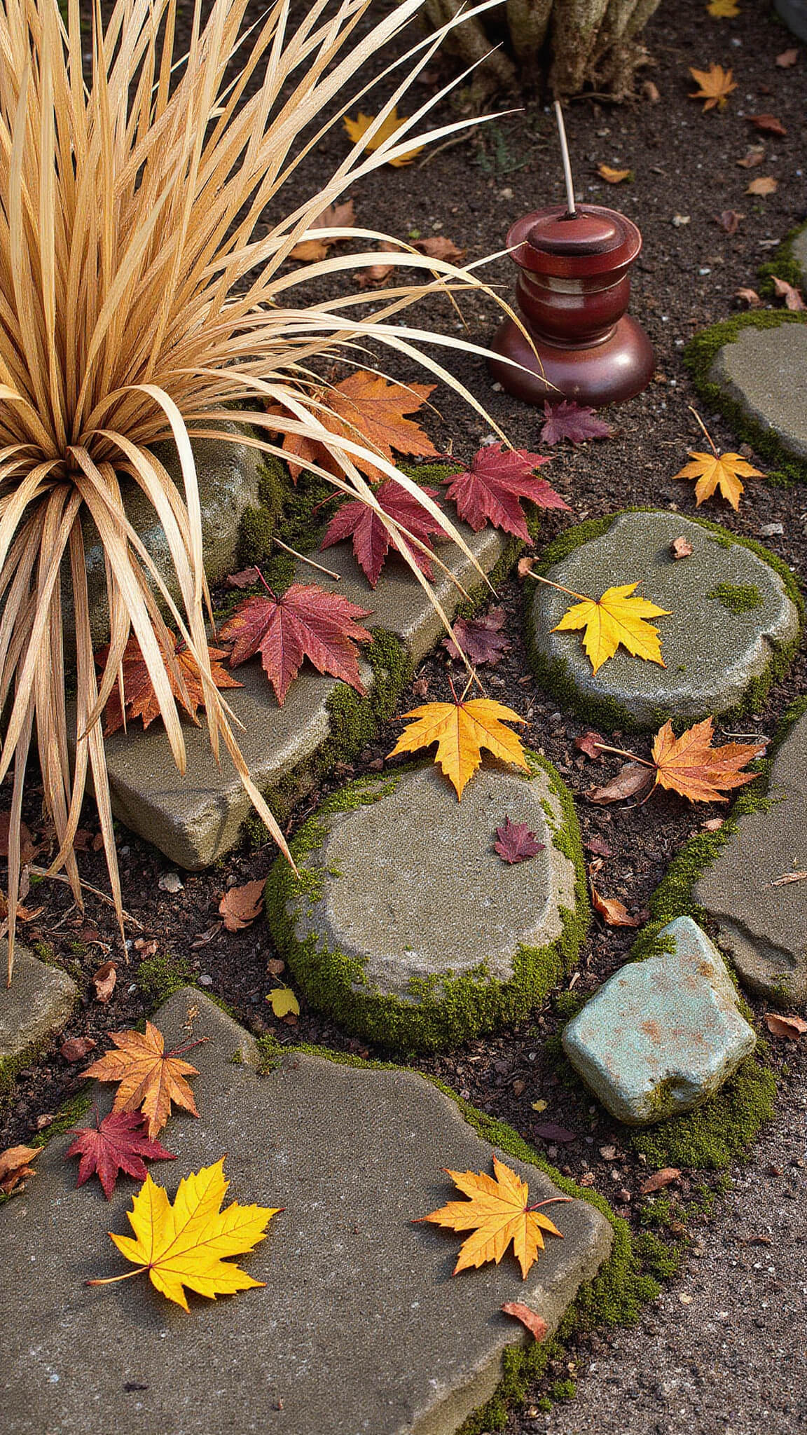 Overhead view of a fall garden corner with dried native grasses, scattered burgundy and gold maple leaves on mossy stones, and verdigris-covered copper elements in warm autumn light.