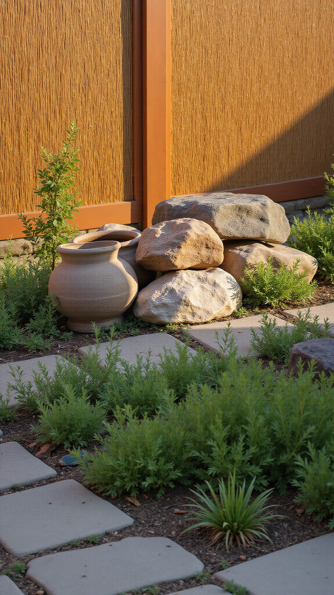 Layered garden scene with groundcover near stone path, weathered pots and rocks mid-ground, and bamboo screen filtering warm afternoon light in background.