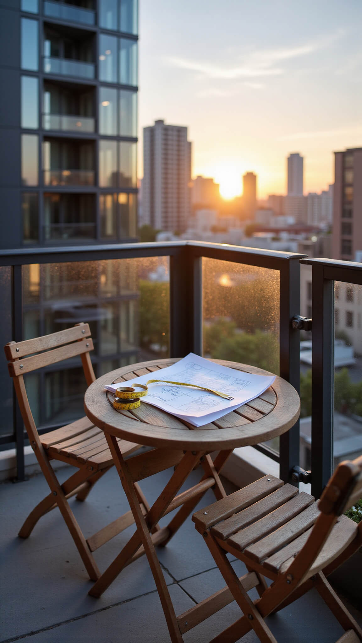 Compact 6x8ft urban balcony at golden hour with teak bistro set, layout sketch on table, and city high-rise backdrop in warm natural light.