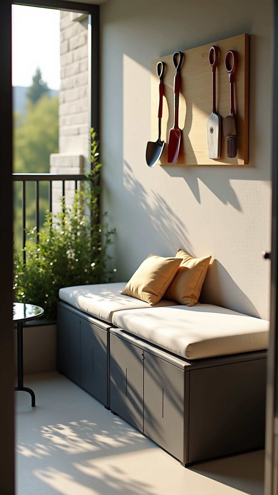 Eye-level view of a compact 4x6ft balcony featuring a charcoal gray storage bench with cream cushions, sleek glass-top nesting tables, and a wall-mounted drop-leaf table, bathed in cool morning light with dramatic shadows.