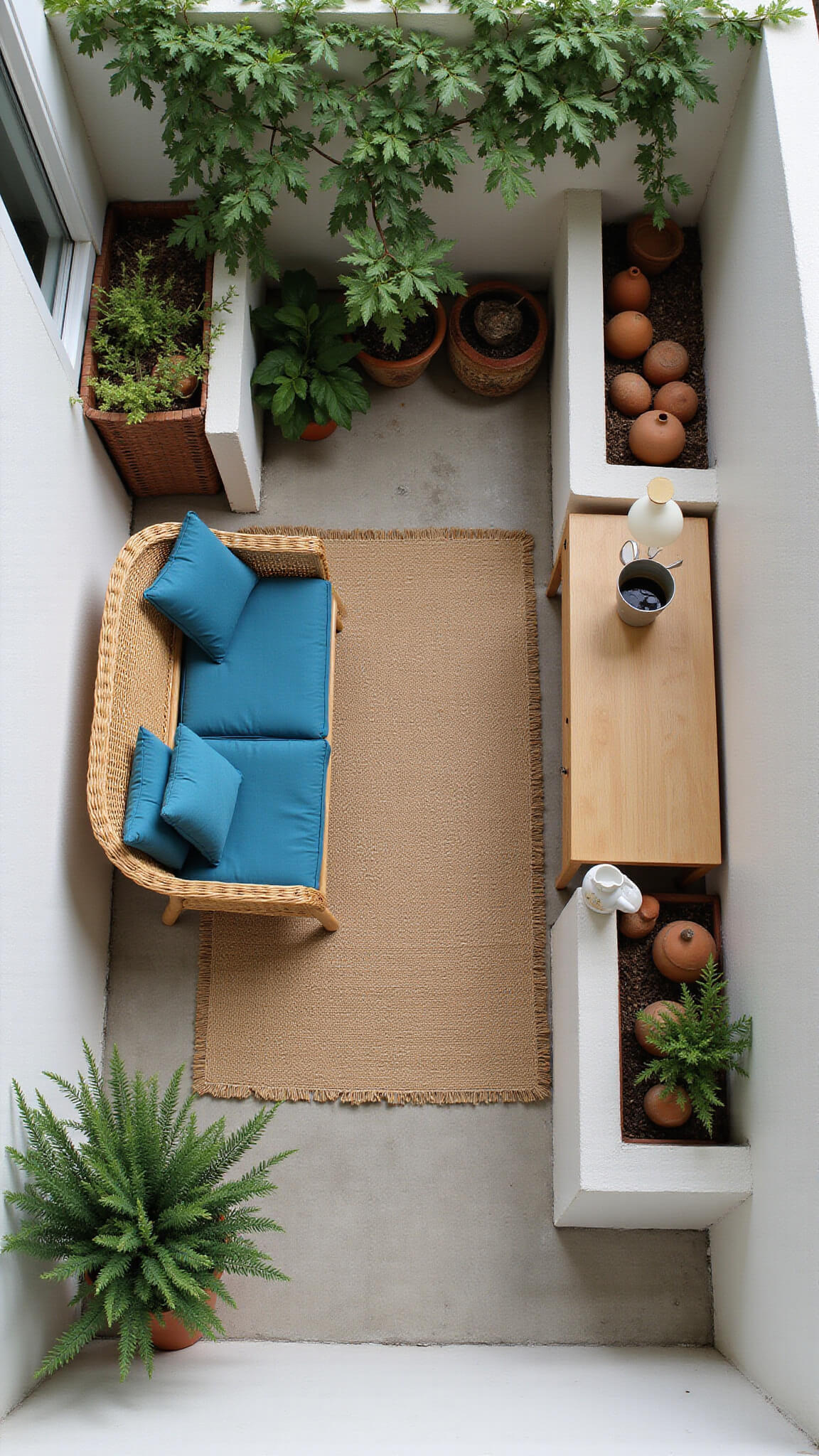 Overhead view of a 5x7ft balcony with reading nook, workspace, and garden zones, featuring rattan loveseat, wall-mounted desk, terracotta pots, and jute rug in diffused mid-morning light.