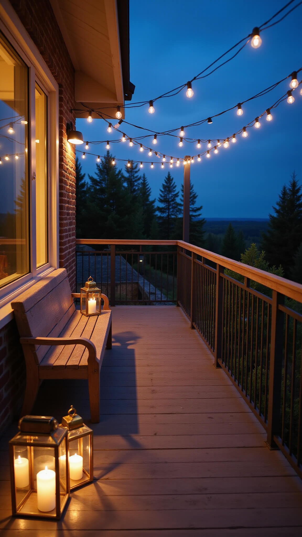 Cozy dusk balcony with layered lighting, including warm string lights overhead, brass lanterns casting shadows, brushed nickel floor lamp, LED under-bench lights, and soft blue hour ambiance.