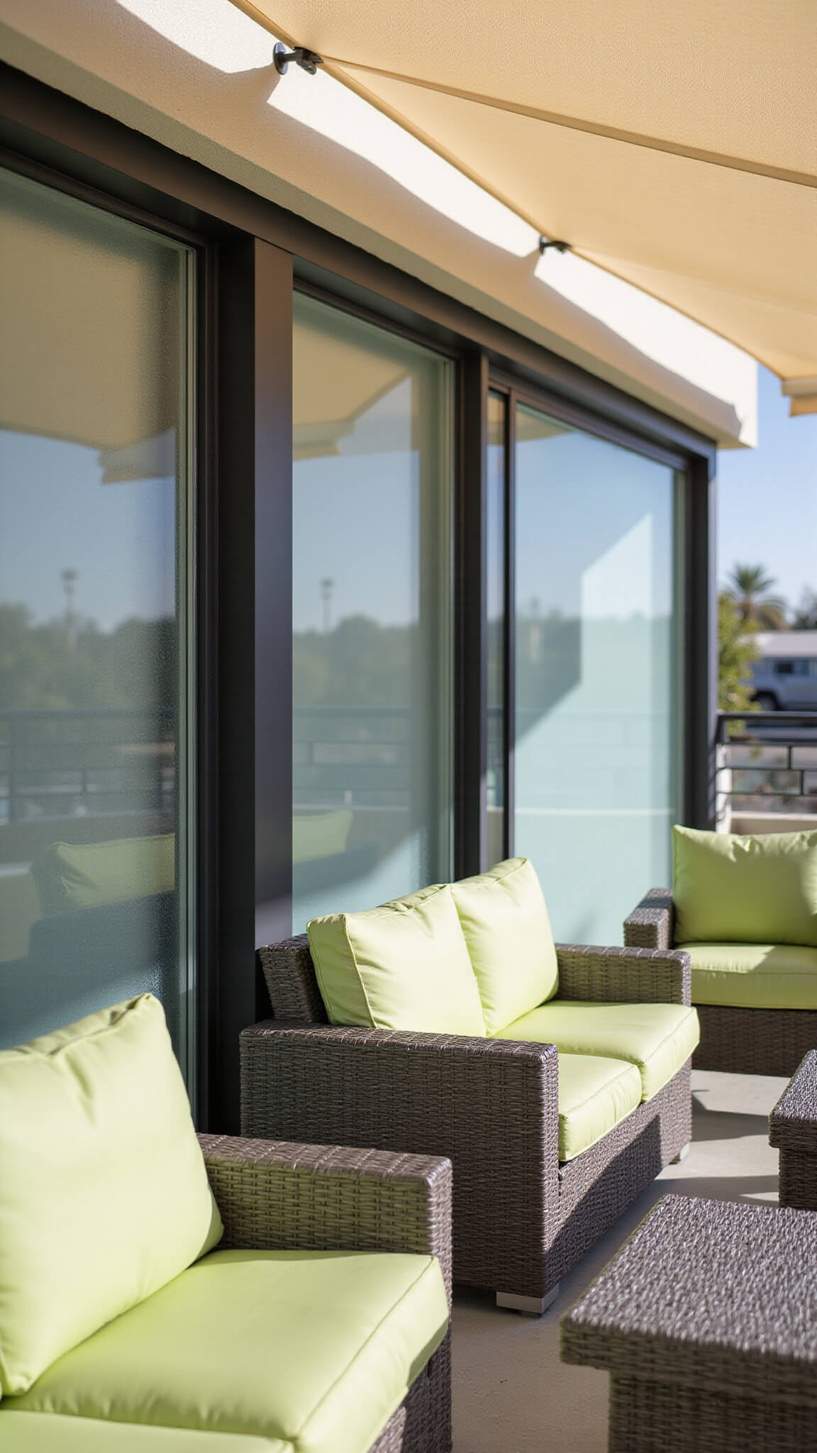 Close-up of sage green Sunbrella cushions on powder-coated aluminum furniture, with cream retractable awning and frosted tempered glass windscreen, highlighting weather-resistant textures in bright midday light.