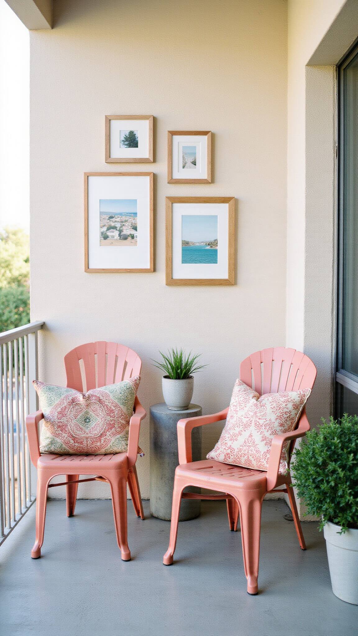 Coral pink vintage chairs on a styled balcony with geometric concrete planters, Mediterranean-print pillows, and a gallery wall of outdoor art in soft late morning light.