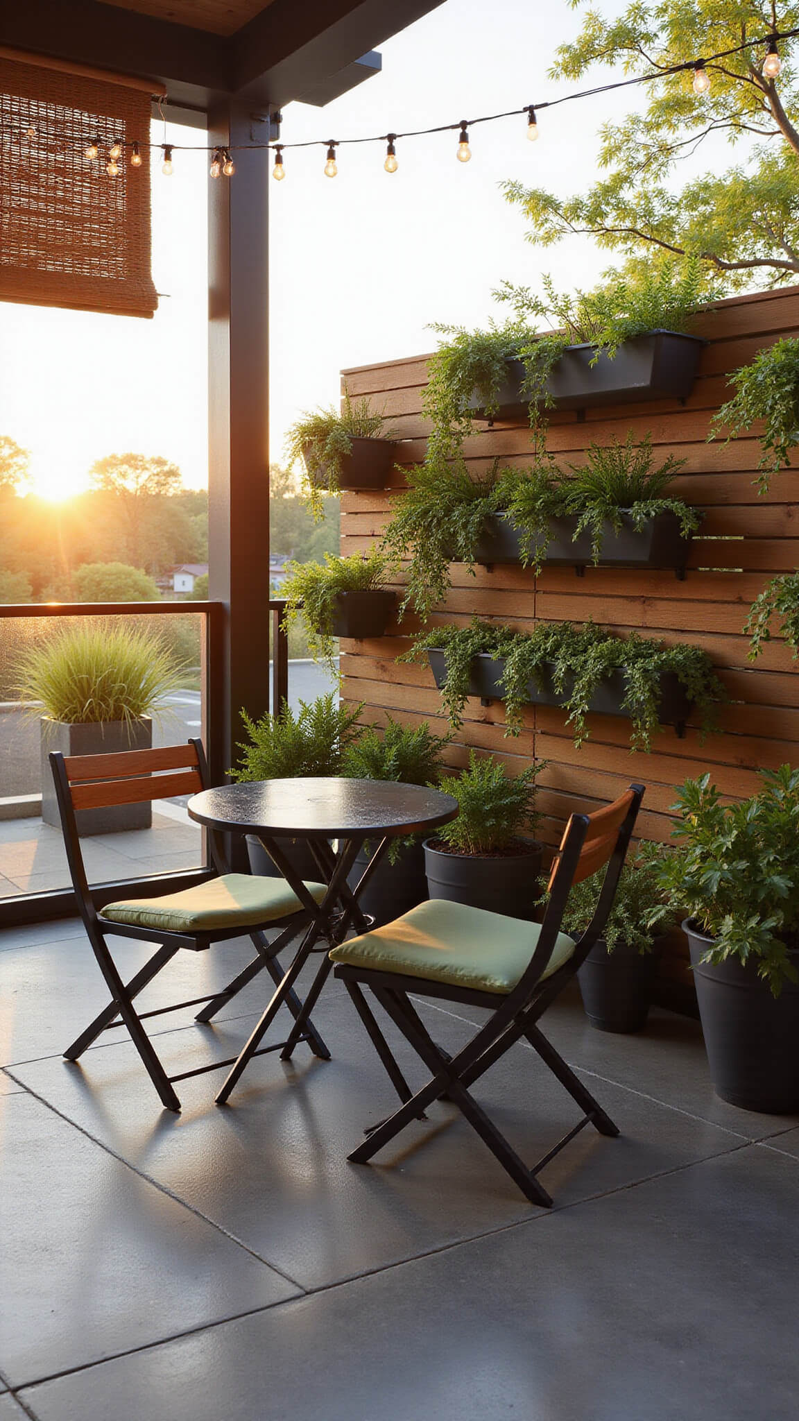 Cozy urban patio at golden hour with bistro set, string lights, vertical garden, and warm ambient lighting.