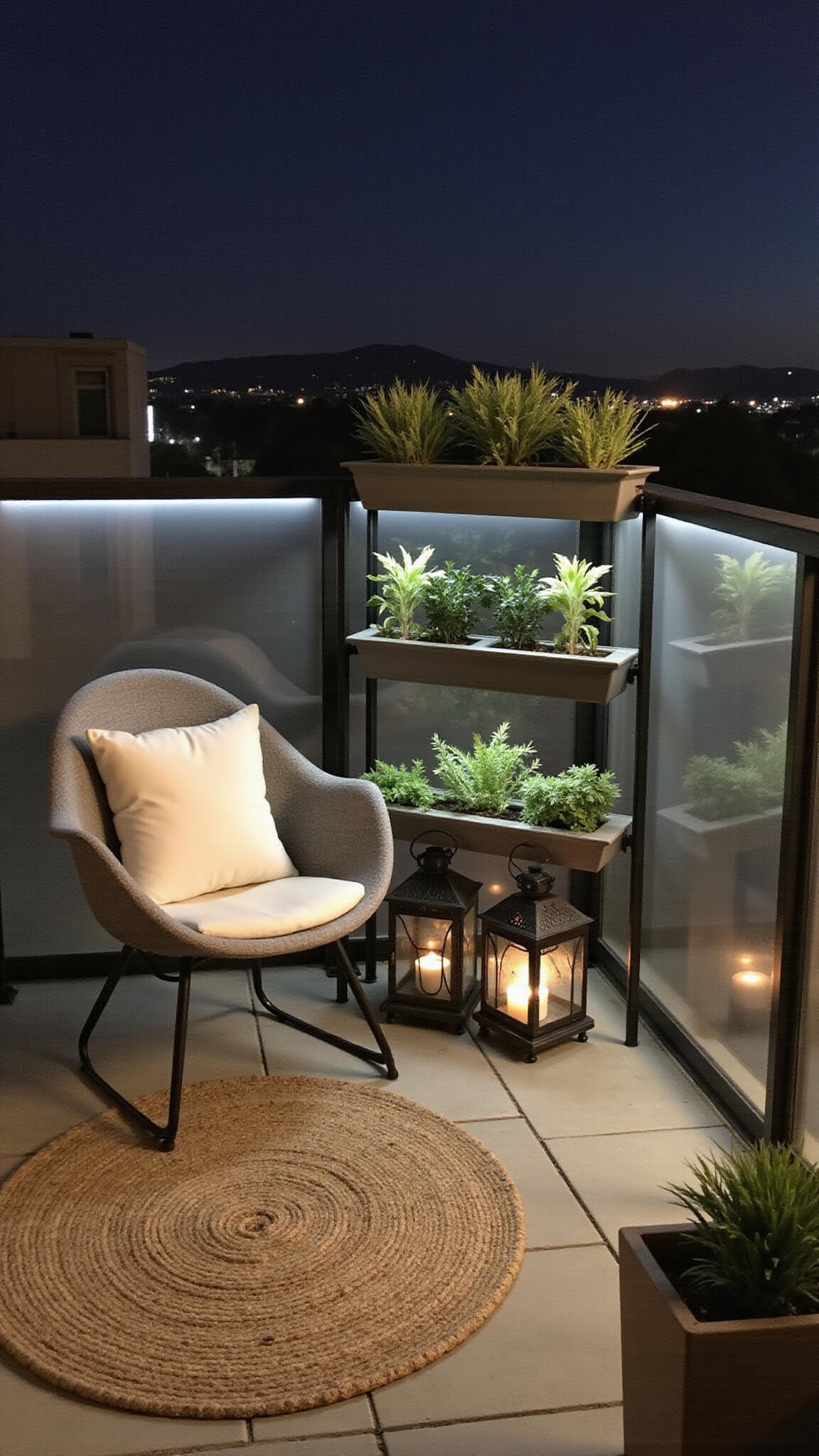Cozy dusk balcony with grey egg chair, tiered plant stand, Moroccan lanterns, jute rug, and glowing city lights in background.