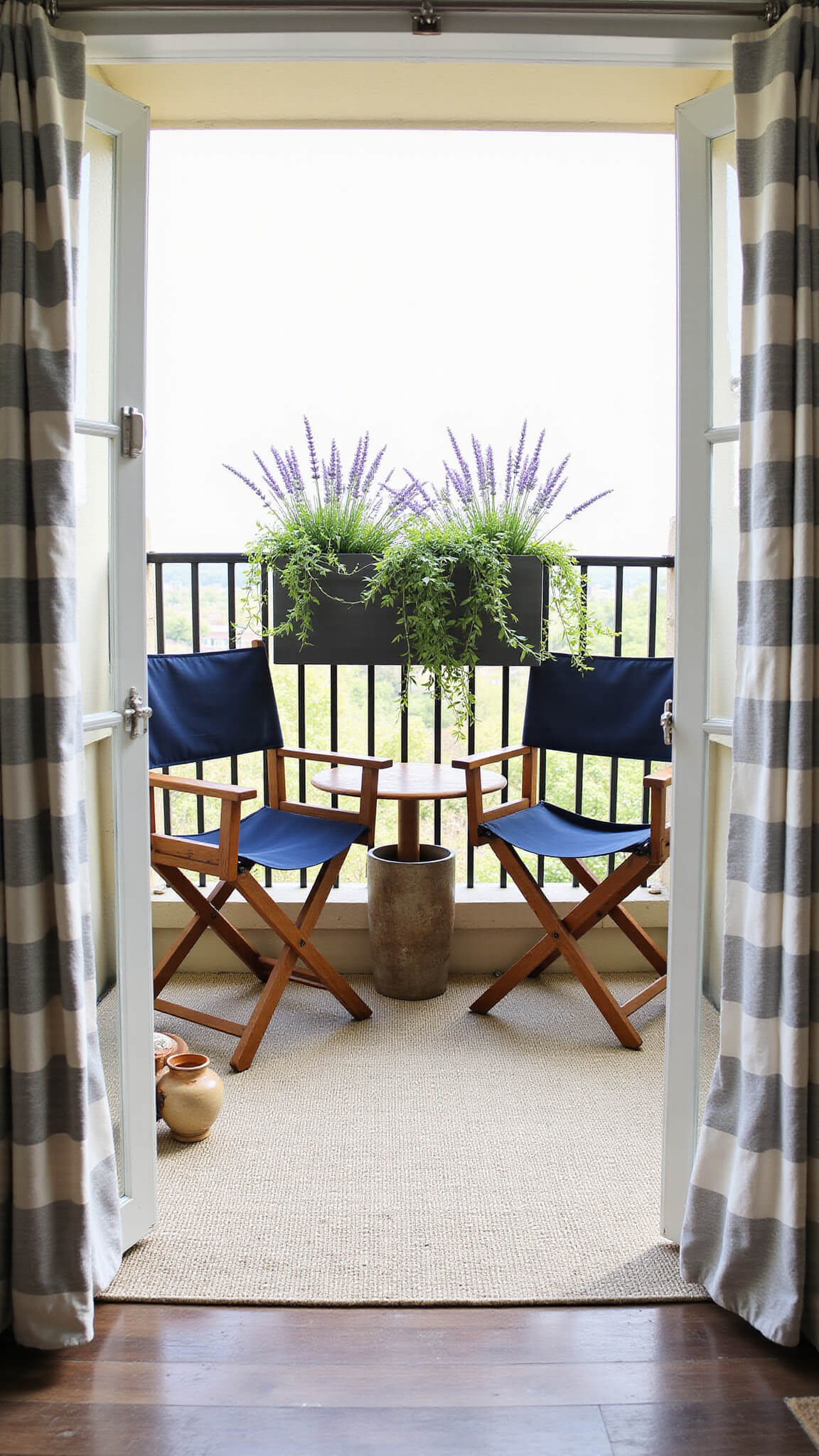 Small urban terrace with fold-down teak table, navy director chairs, lavender-filled railing planters, and striped outdoor curtains.