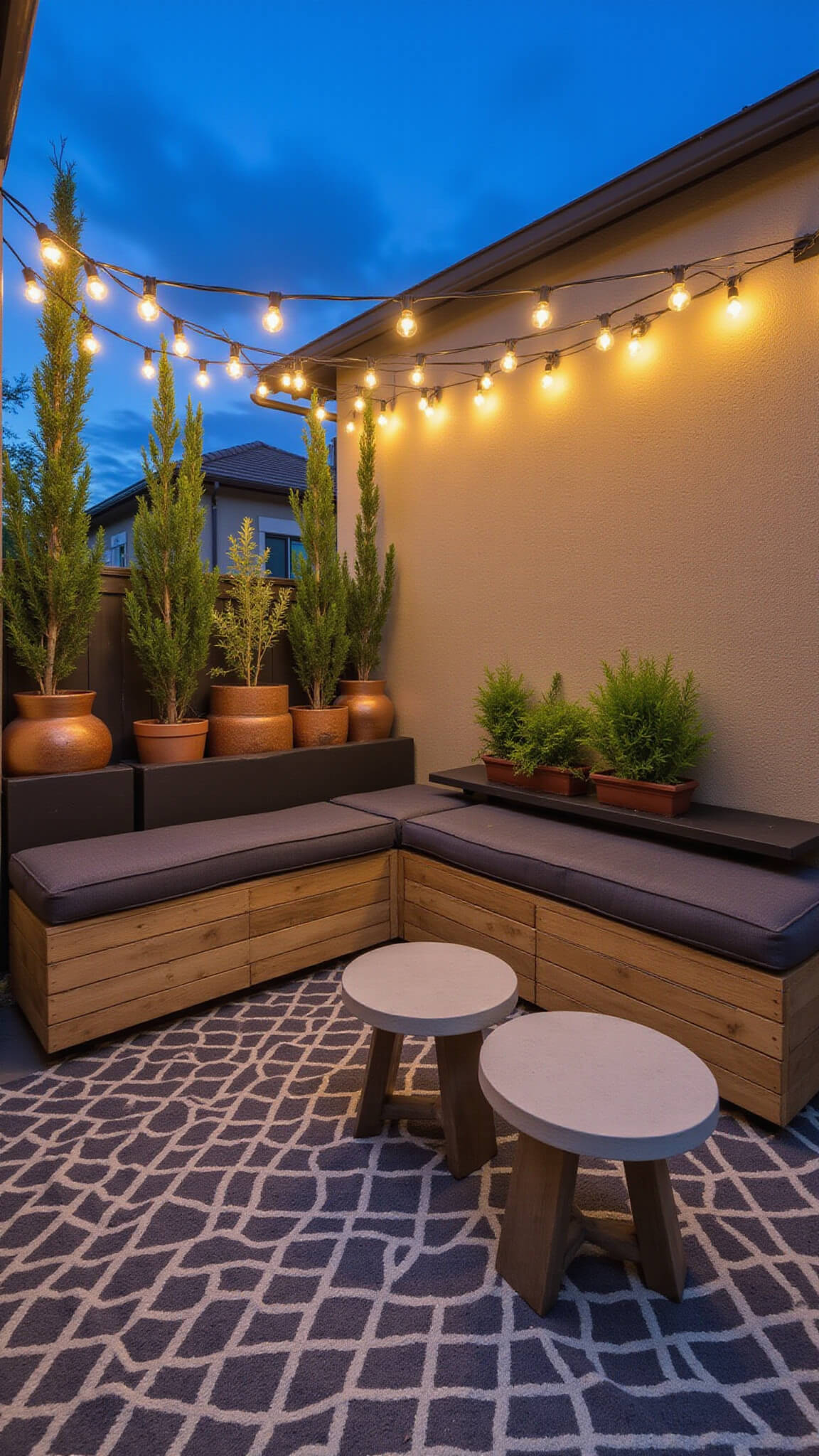 Twilight aerial view of modern 6x10ft patio with teak storage bench, copper planters, LED-lit pergola, concrete side tables, and navy geometric rug.