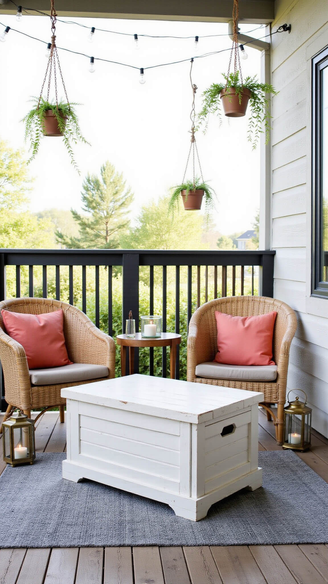 Cozy 8x8ft balcony with white storage ottoman on grey rug, rattan chairs with coral cushions, hanging greenery, market lights overhead, and brass lanterns with LED candles.