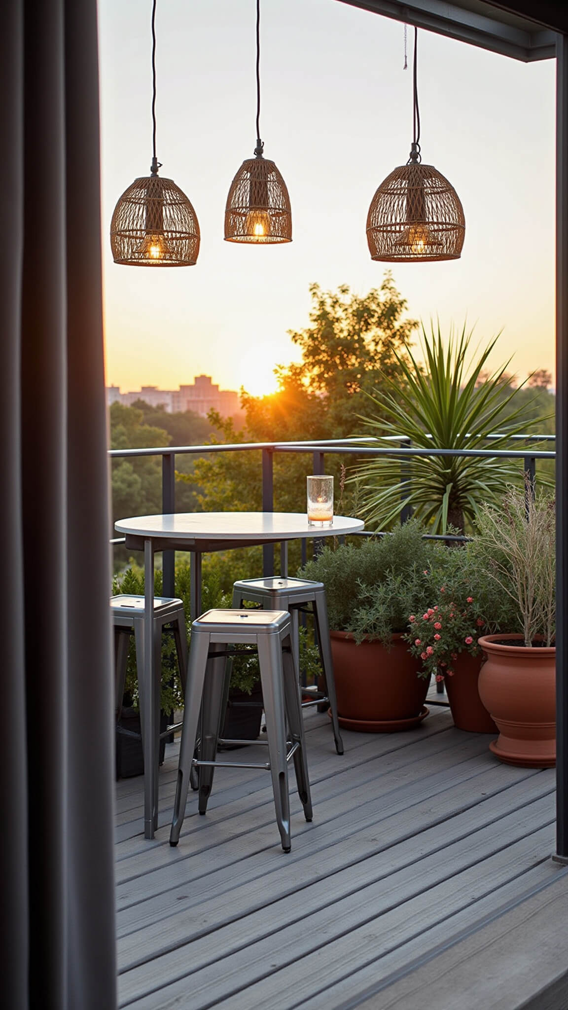 Sunset view of compact urban terrace with steel bar table, industrial stools, herb garden, pendant lights, privacy curtains, and Mediterranean plants.
