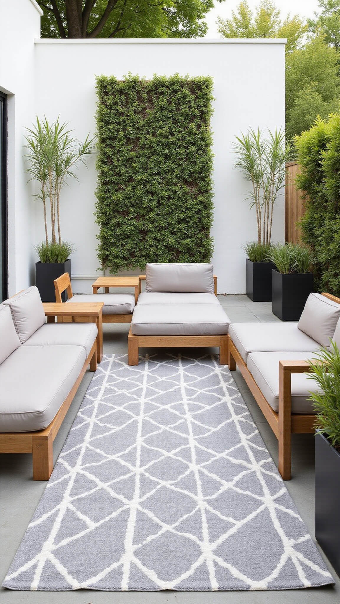Minimalist 7x7ft patio with modular seating, teak fold-away tables, living wall, black planters, and geometric rug in natural midday light.