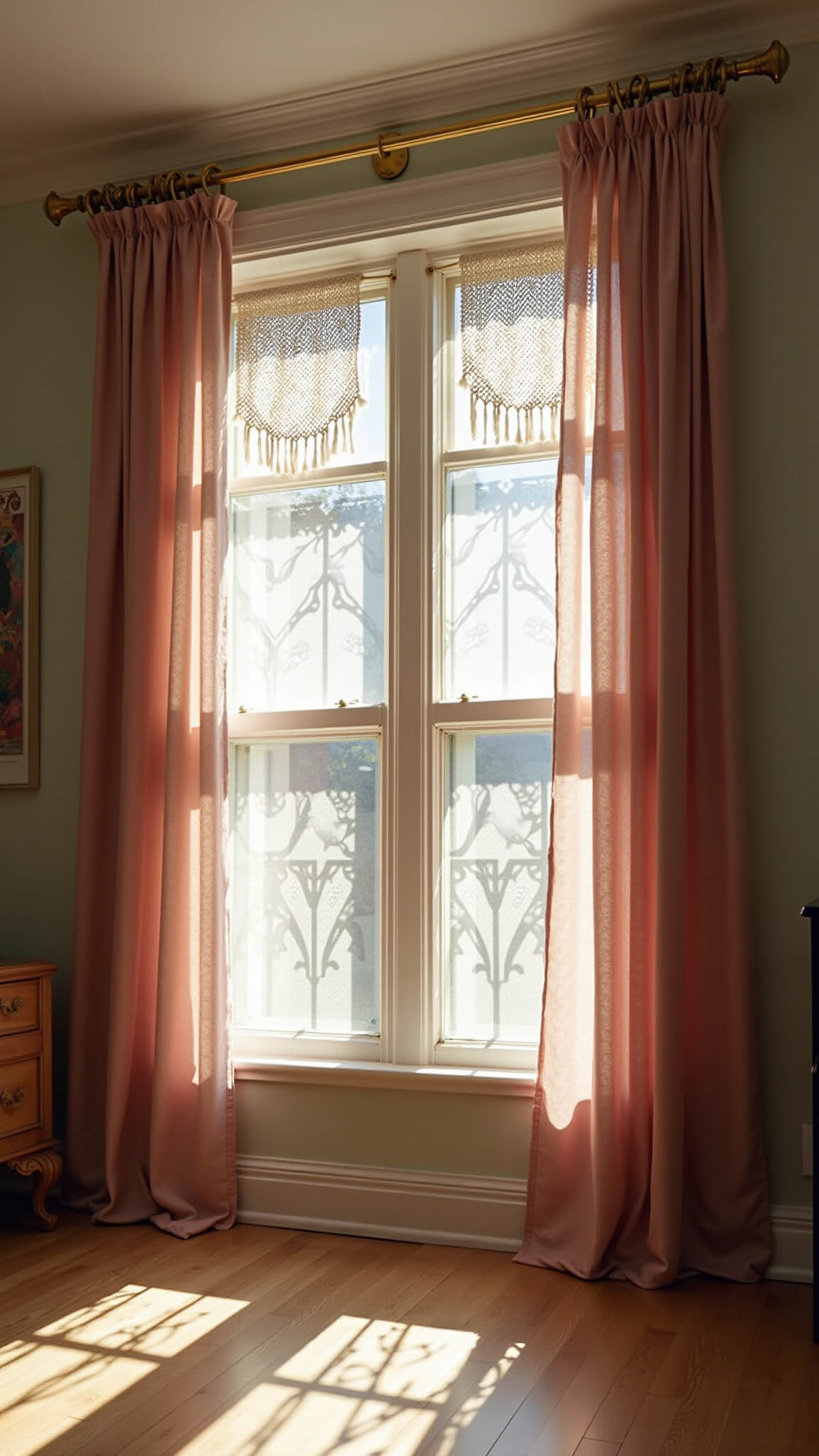 Sunlit boho bedroom with tall macramé and sheer dusty rose curtains casting intricate shadows on oak floor, viewed from a low corner angle.