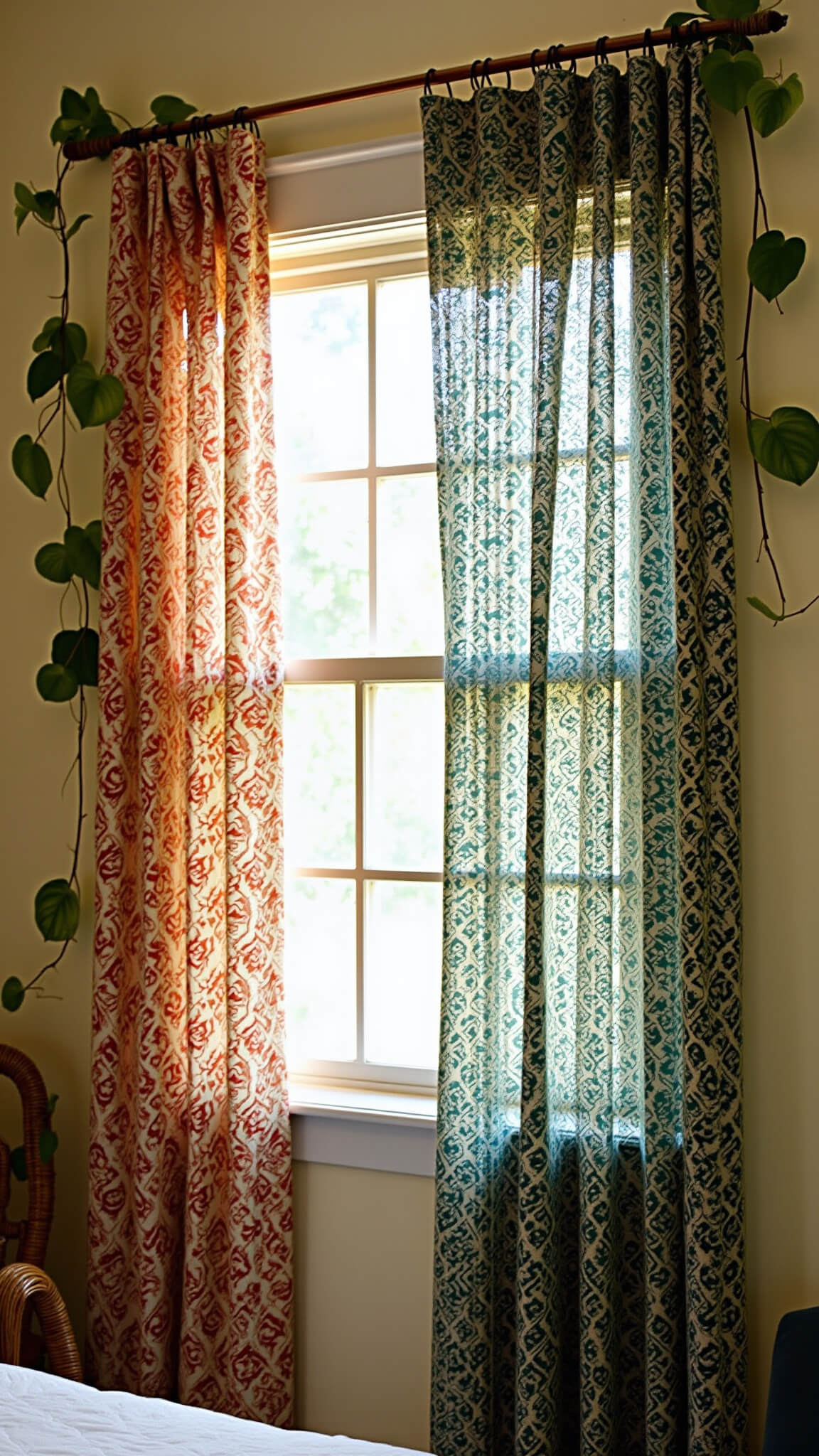 Boho bedroom corner with layered paisley and geometric curtains, vintage rattan furniture, and trailing plants in bright morning light.
