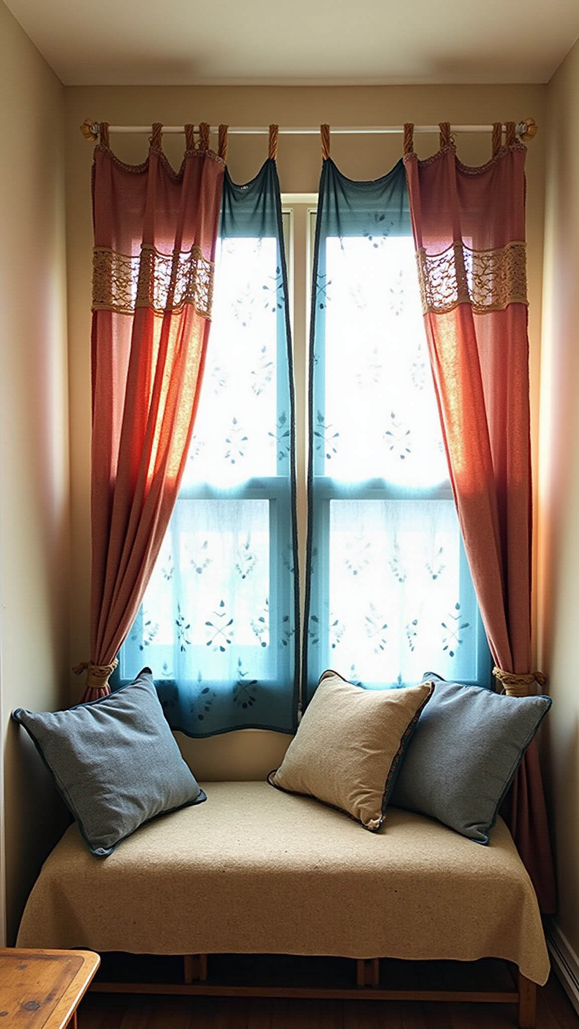 Bohemian guest room with layered terracotta hemp and blue cotton curtains, macramé edging, sunlit window nook, handwoven pillows, and vintage wooden furniture.