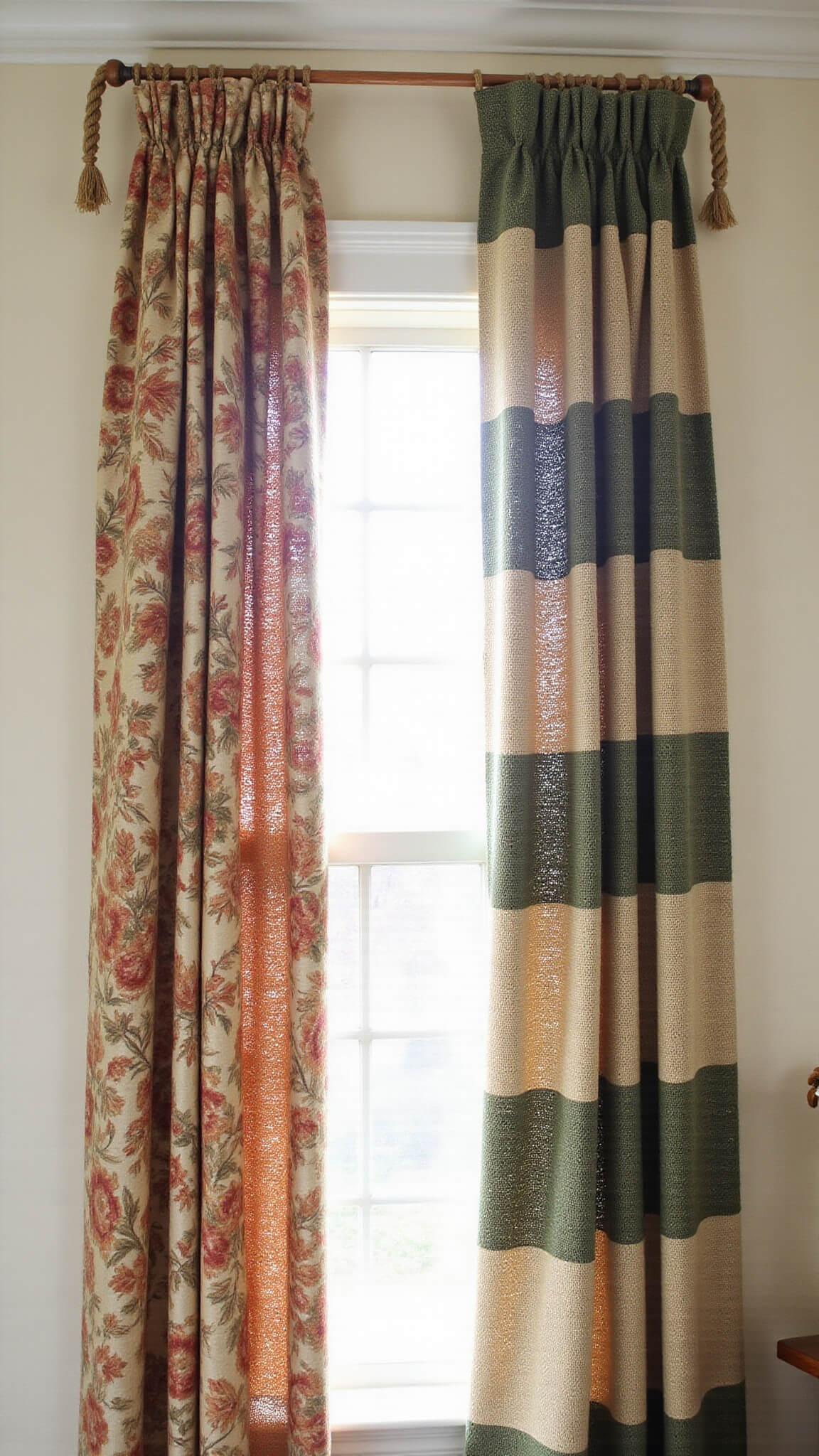 Low-angle view of a 13x15ft boho bedroom with mismatched earth-tone curtains, vintage floral and striped panels, rope tiebacks with wooden beads, and soft morning backlight highlighting textures.