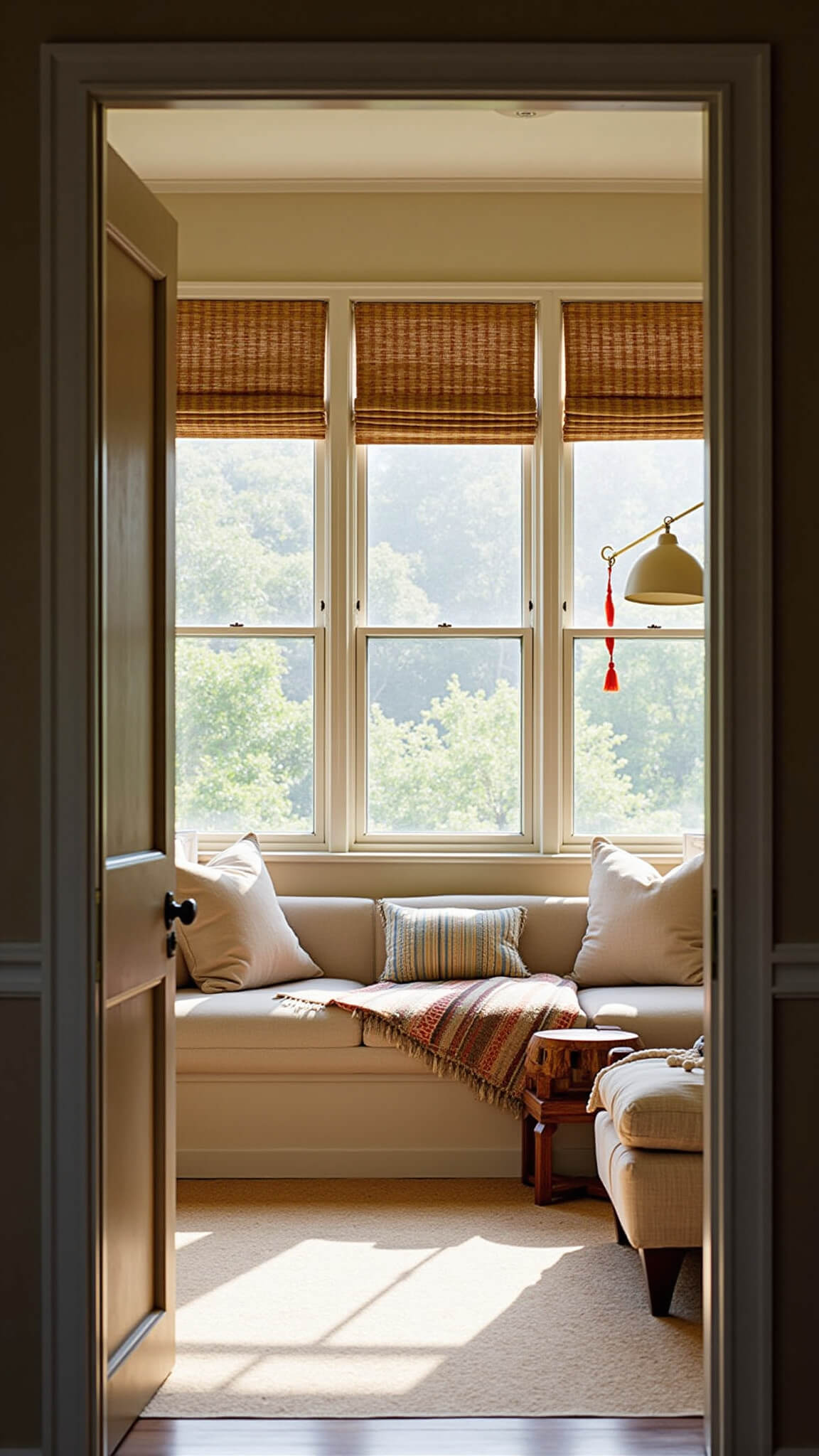 Bohemian master bedroom with layered bamboo and linen window treatments, tasseled tiebacks, global textiles, handcrafted furniture, and late-afternoon sun casting shadows across 15x17ft space.