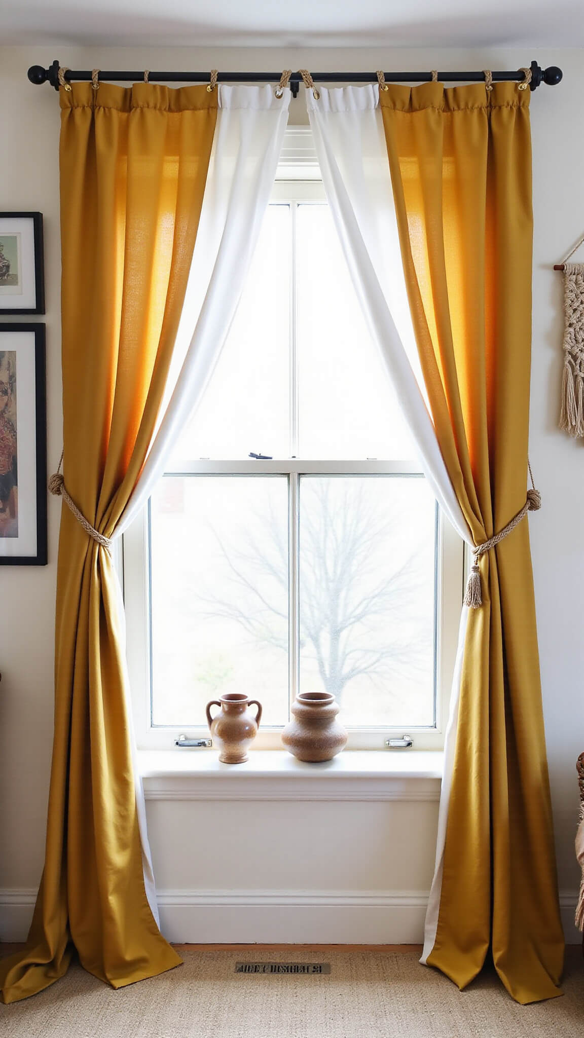 Boho bedroom window alcove with mustard silk and white linen curtains, handmade rope tieback, pottery, and macramé wall hanging in bright natural light.