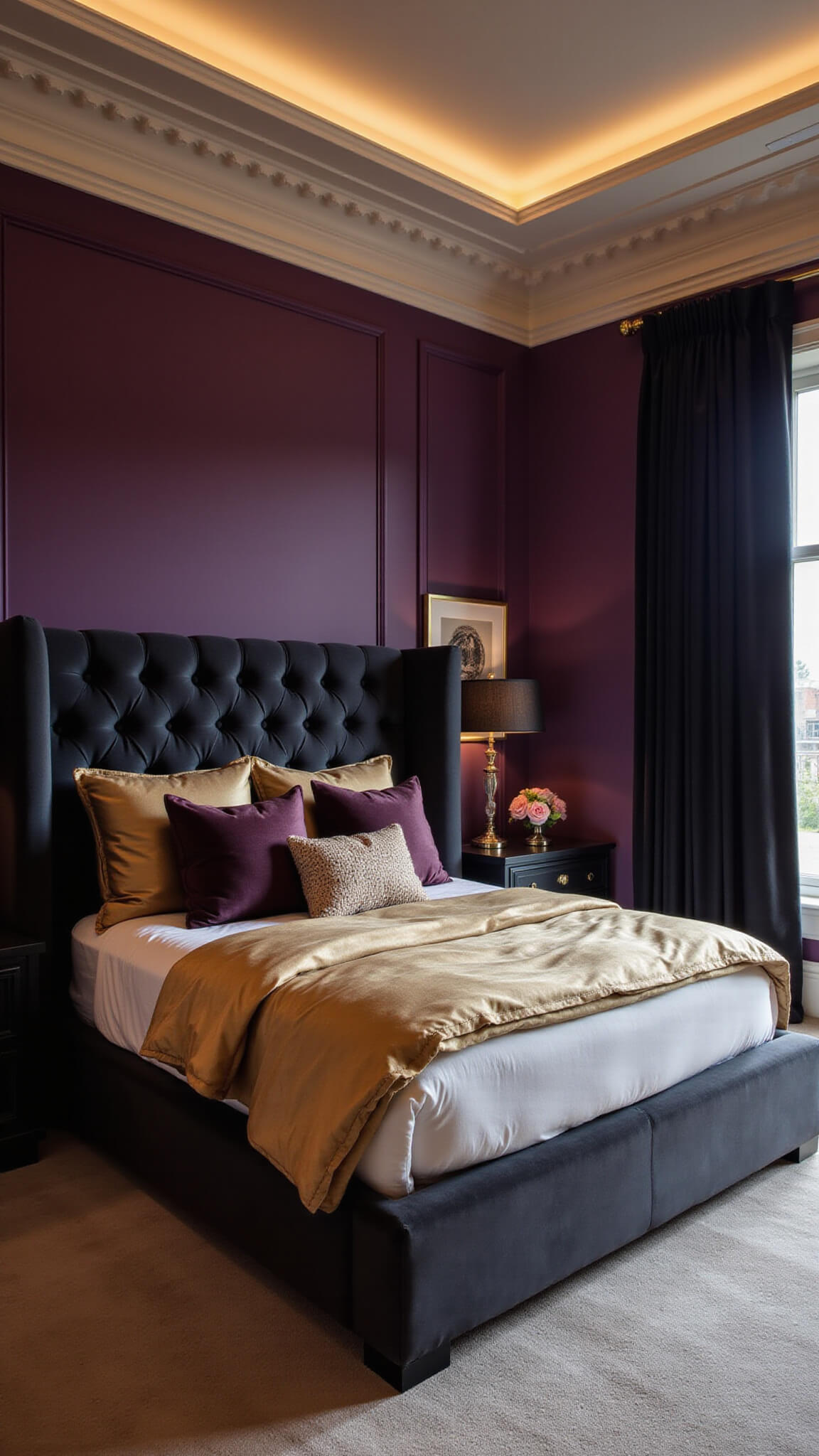 Moody luxury bedroom with deep aubergine walls, king-sized bed with tall black velvet headboard, champagne gold silk bedding, textured gold and purple pillows, LED crown molding lighting, and tall black velvet drapes at golden hour.