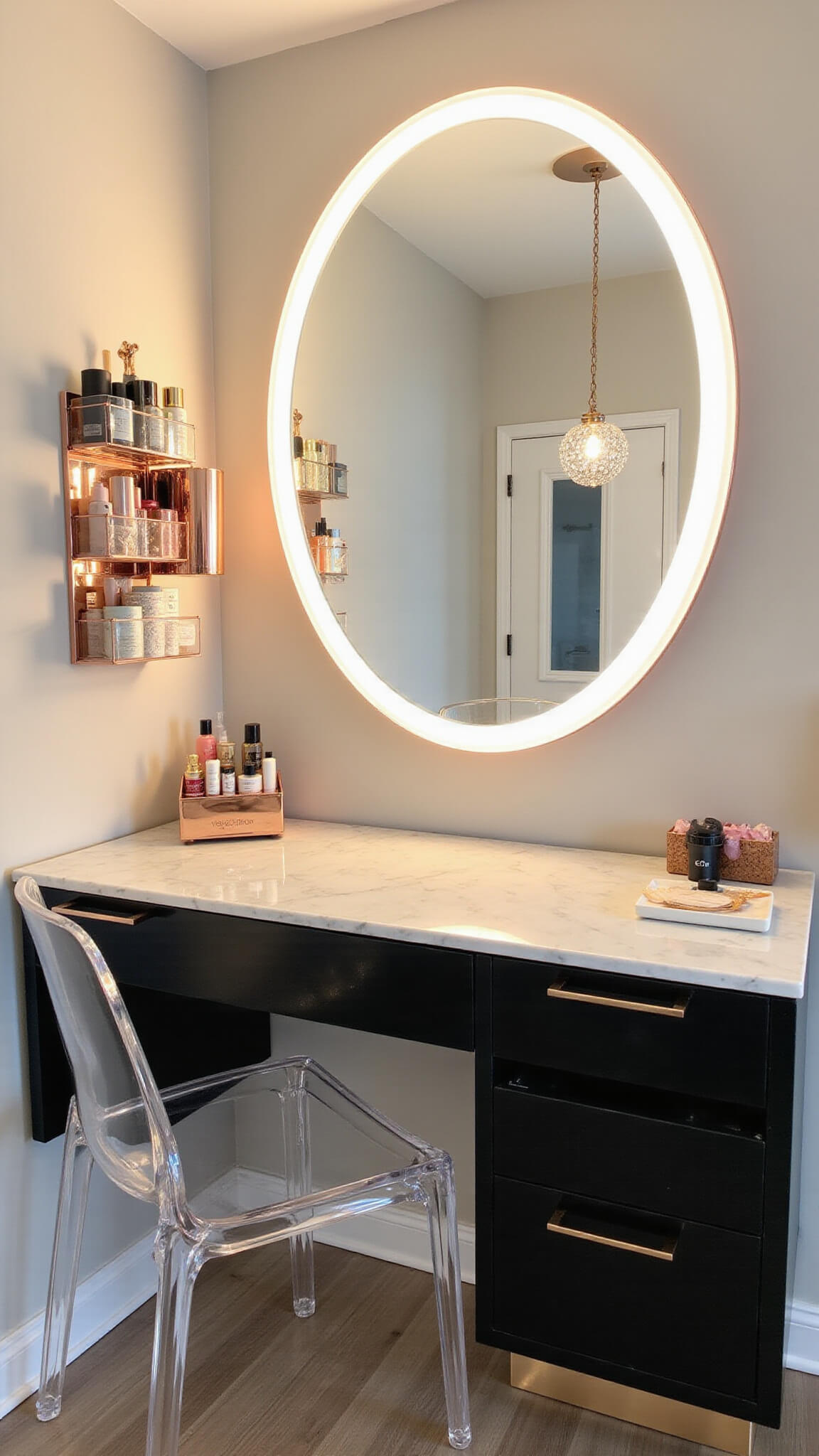 Close-up of modern glam vanity with oval LED mirror, lucite chair, rose gold organizers, crystal pendant light, and marble-topped black lacquered base.