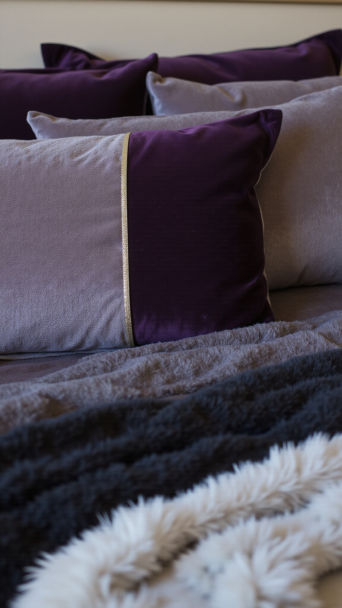 Macro shot of luxurious bedding with silk, velvet, and faux fur layers in deep purple, silver, and black, featuring textured pillows and metallic-accented throws.