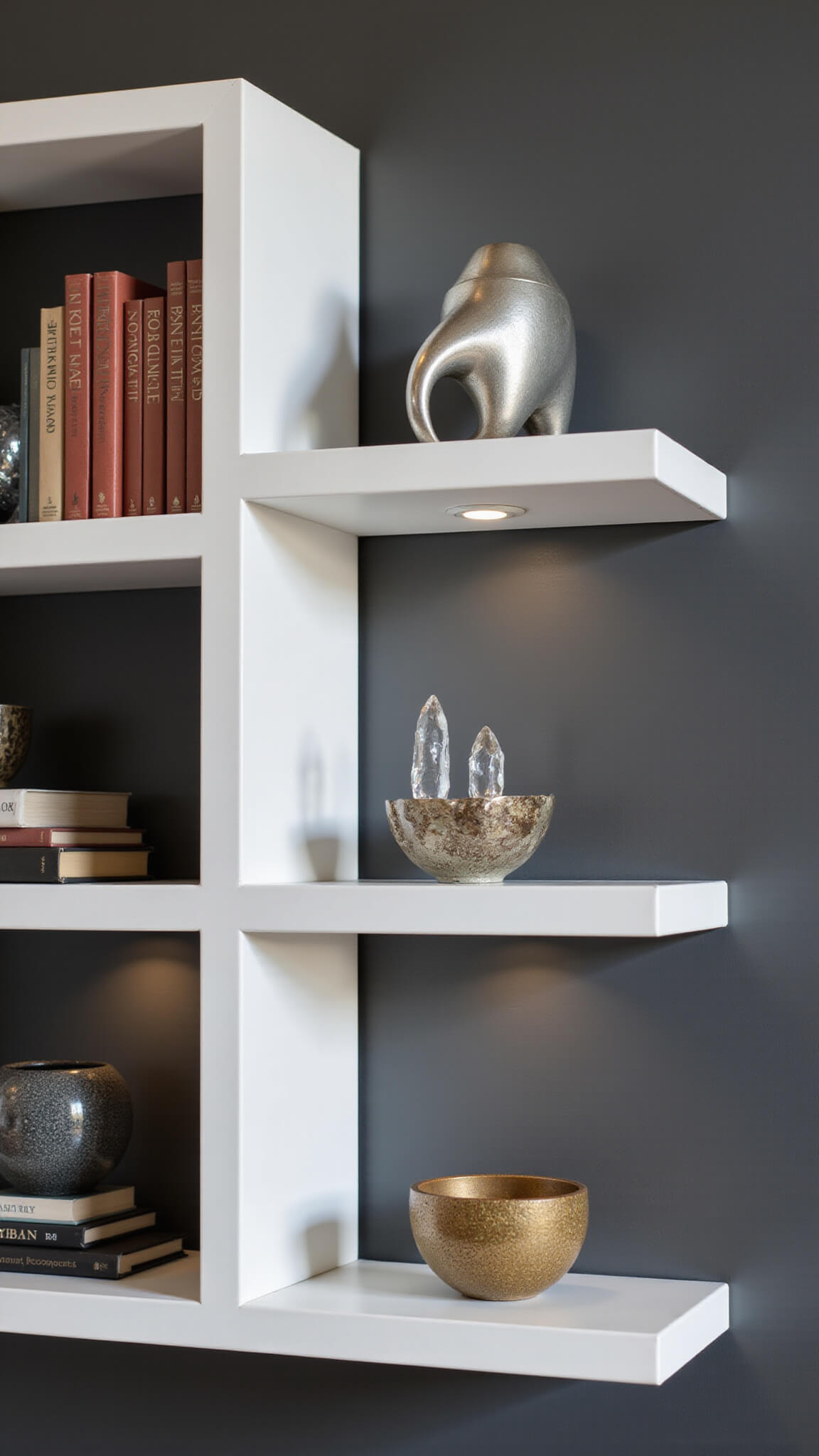 Floating white lacquer display shelf with designer books, metallic sculptures, and crystal objects illuminated by LED spotlight against a dark wall.