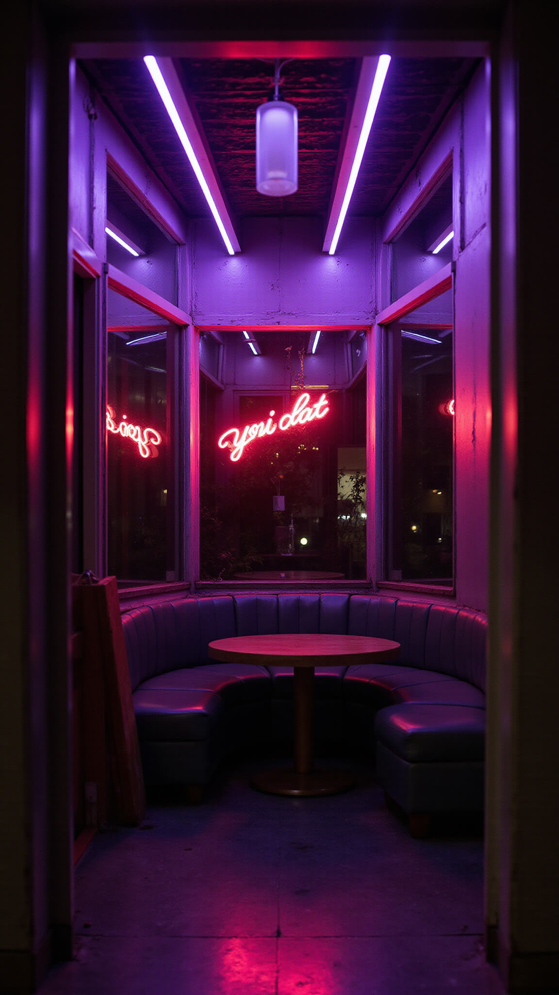Evening room with purple LED strips, pink neon sign, dimmed chandelier, and metallic accents reflecting ambient light.
