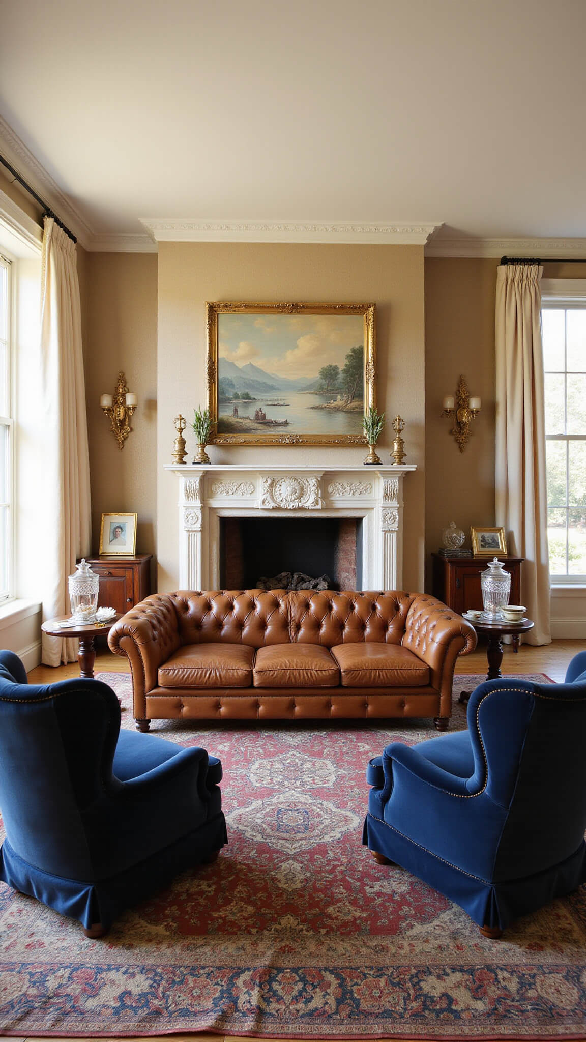 Elegant living room at golden hour with ivory silk drapes, carved limestone fireplace, cognac leather Chesterfield sofa, navy velvet wingback chairs, Persian Heriz rug, and antique decor in refined historical style.