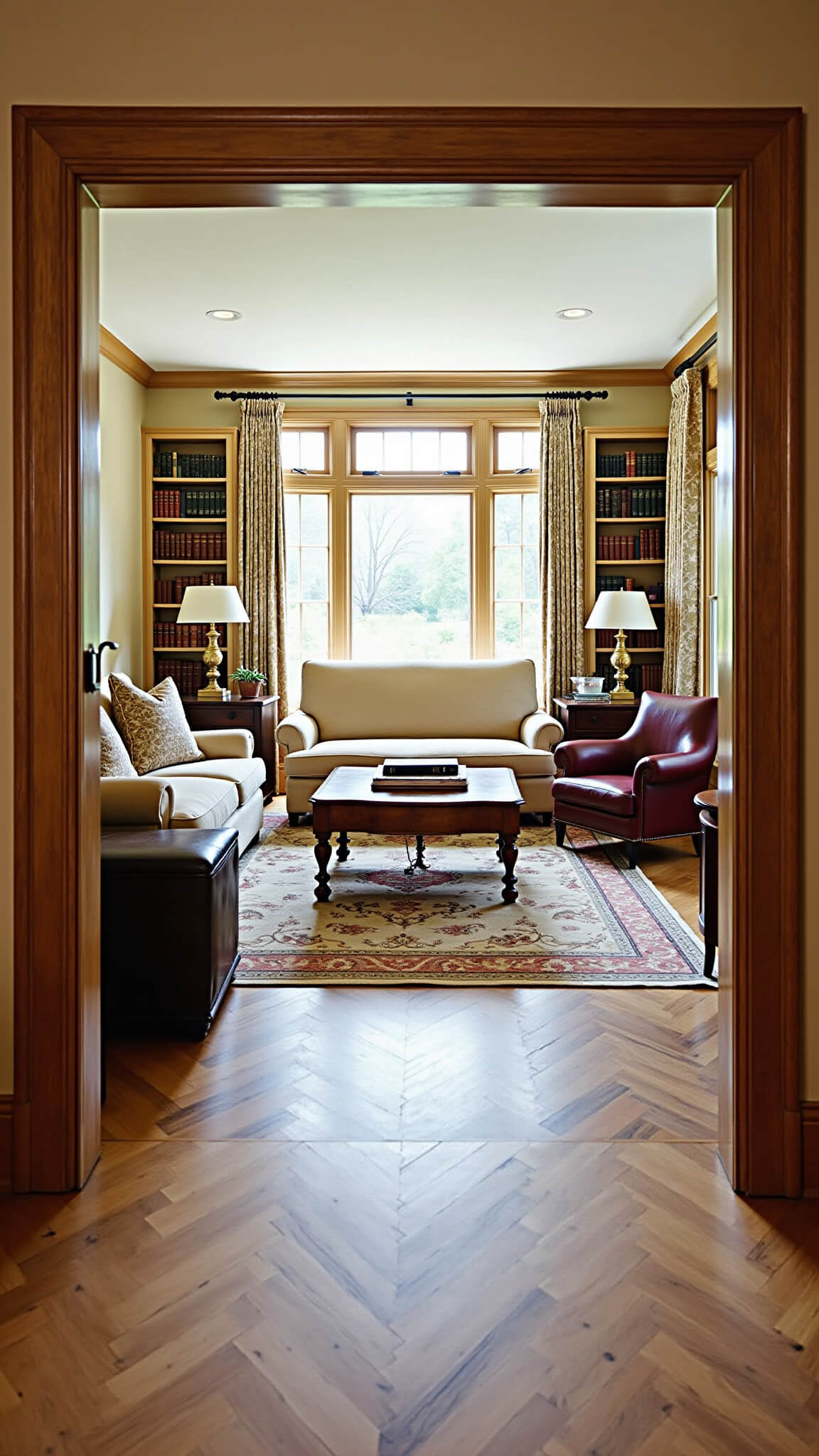 Elegant drawing room with antique furnishings, bay windows, and warm morning light highlighting a walnut coffee table, cream sofa, burgundy chairs, Oushak rug, bookshelves, and ornate millwork under 12ft ceilings.