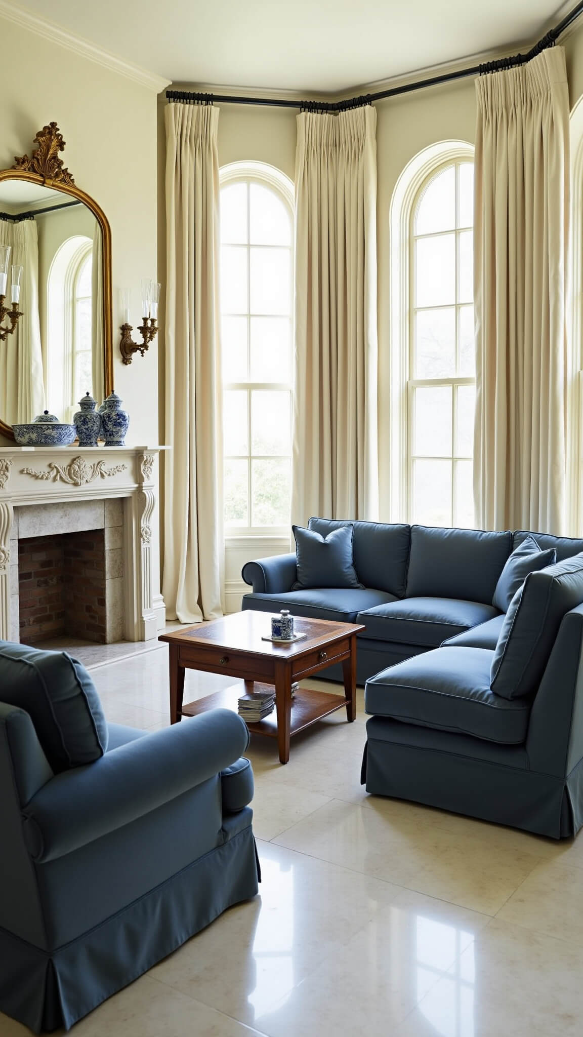 Formal living room with slate blue velvet sofas, mahogany coffee table, ivory silk drapes, arched windows, and French gilt mirrors reflecting morning light.