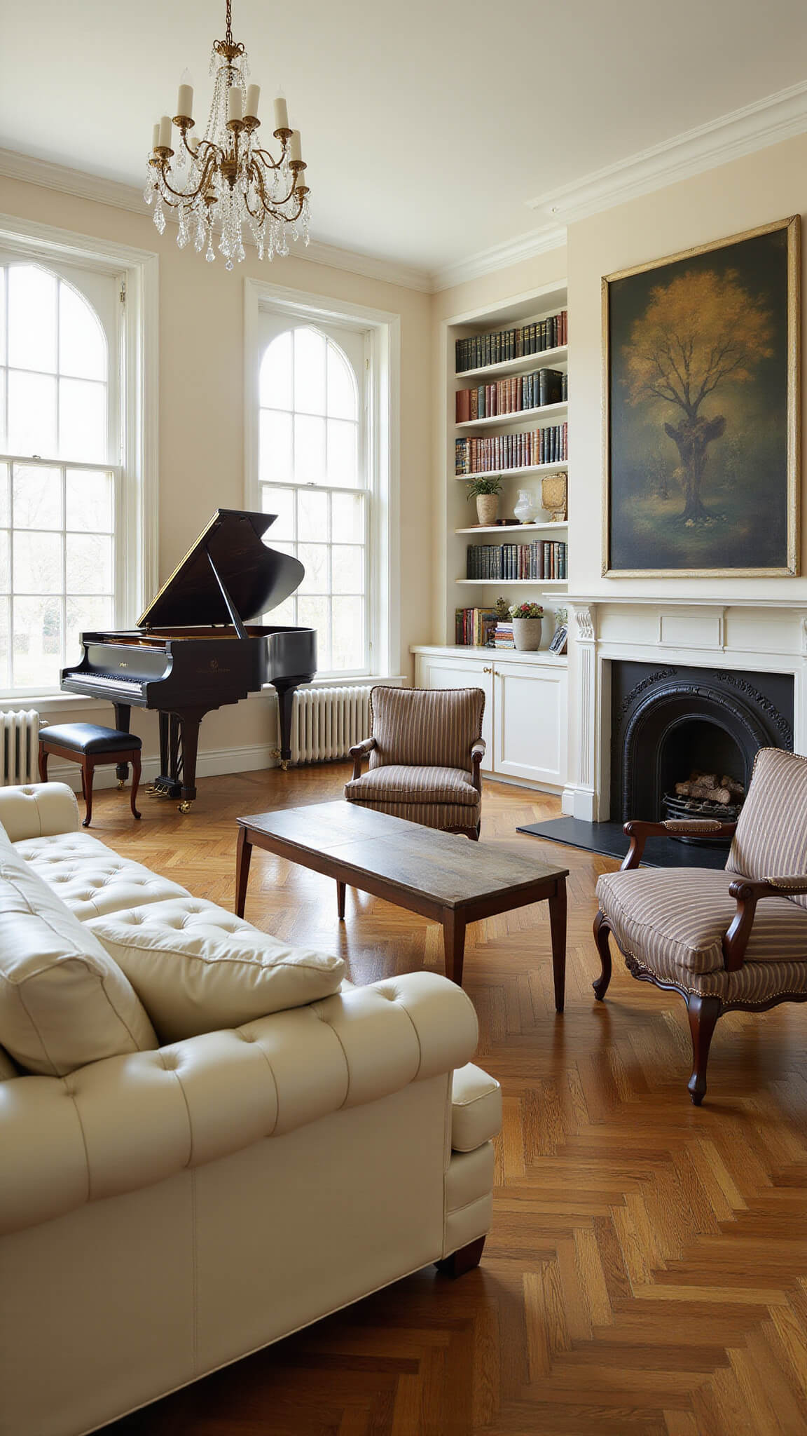 Elegant great room with cream tufted sofa, striped silk bergère chairs, antique grand piano, crystal chandelier, parquet floors, tall bookshelves with ladder, and oriental screens by fireplace.